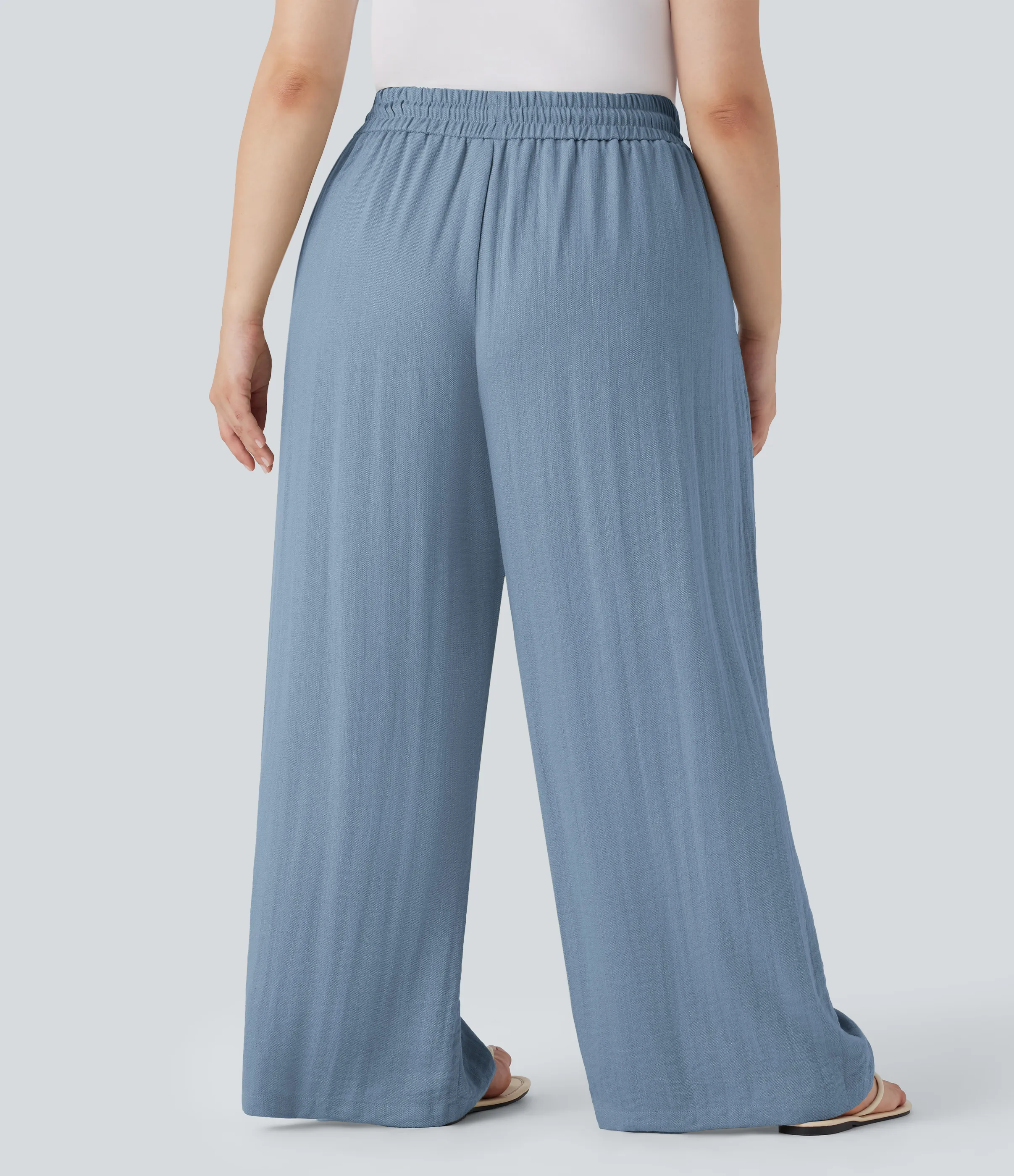 Halara Pantalón lino tiro alto cordón ajustable pierna ancha bolsillo talla grande - Mountain Spring - 1X(regular) sold by Halara product image thumbnail 3