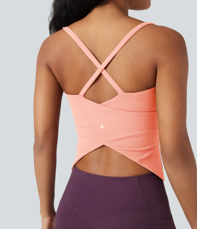 Halara Top de yoga con escote redondo, espalda cruzada y dobladillo cruzado - Blush Pink - XL made by Halara