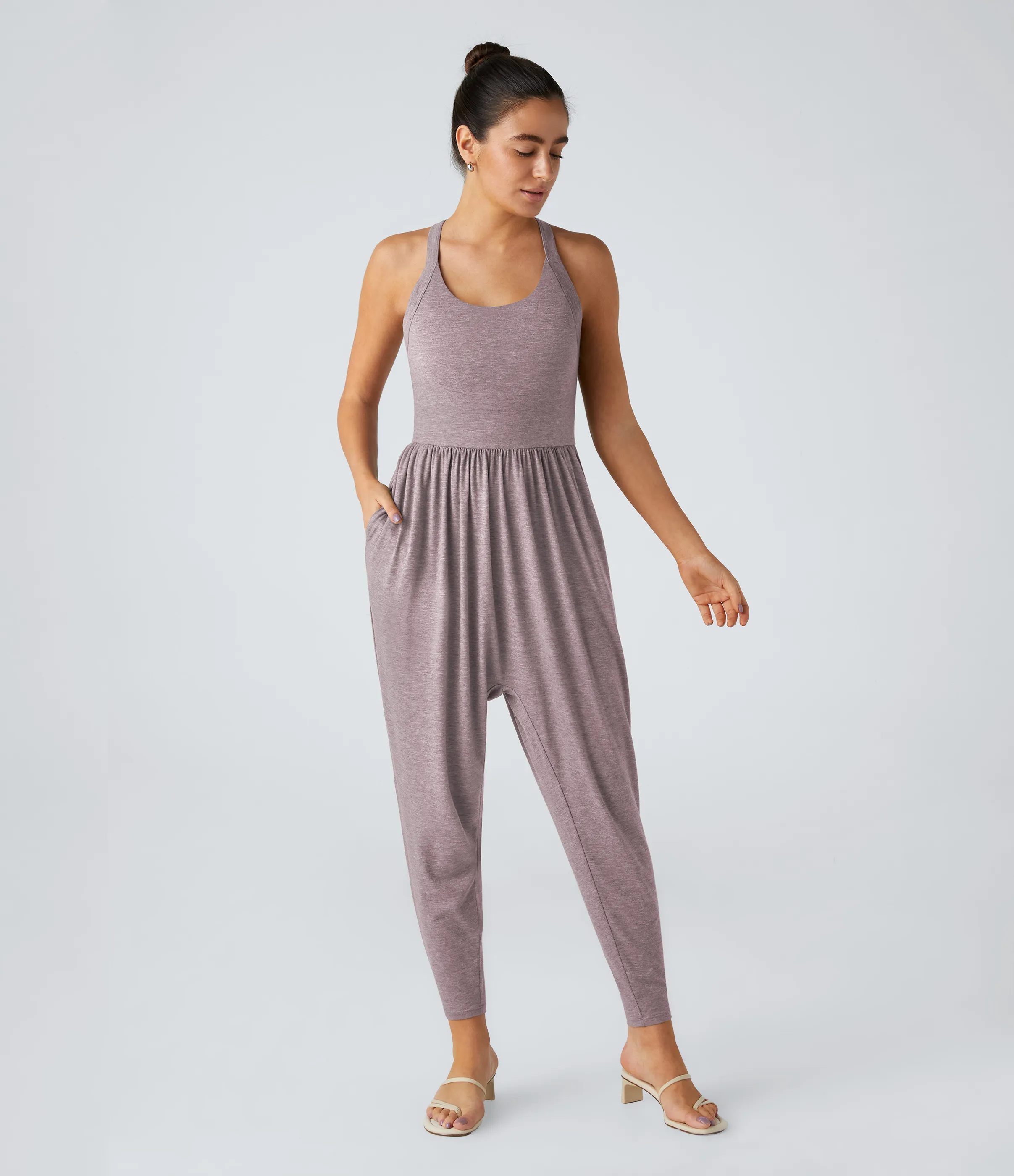 Halara Mono harén bolsillo lateral cuello U torcido sin espalda - Deep Tea Brown Floral Yarn - XL(regular) sold by Halara product image thumbnail 3