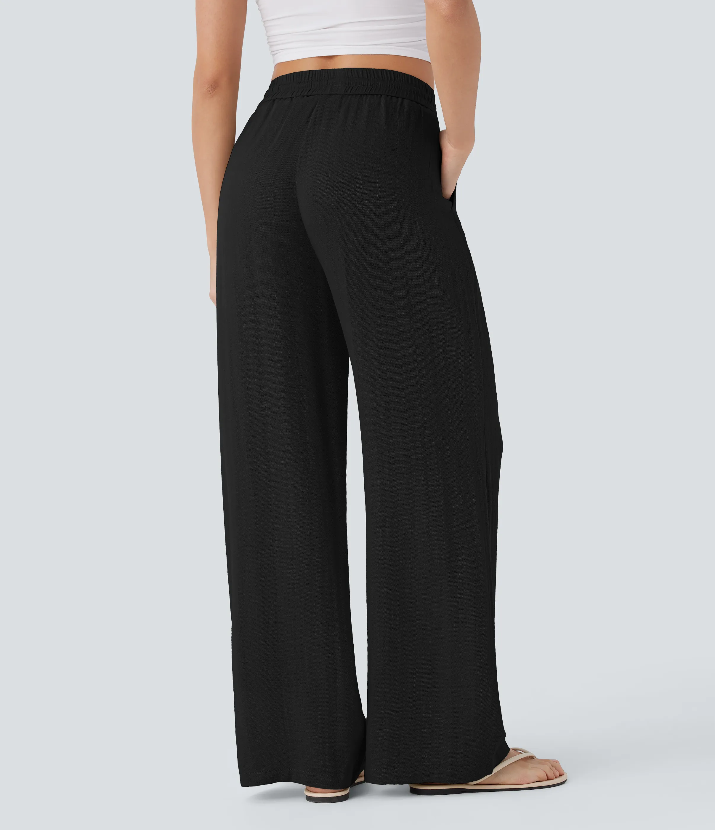 Halara Pantalón lino tiro alto cordón ajustable bolsillo lateral pierna ancha - Black - M(extall) sold by Halara product image thumbnail 3
