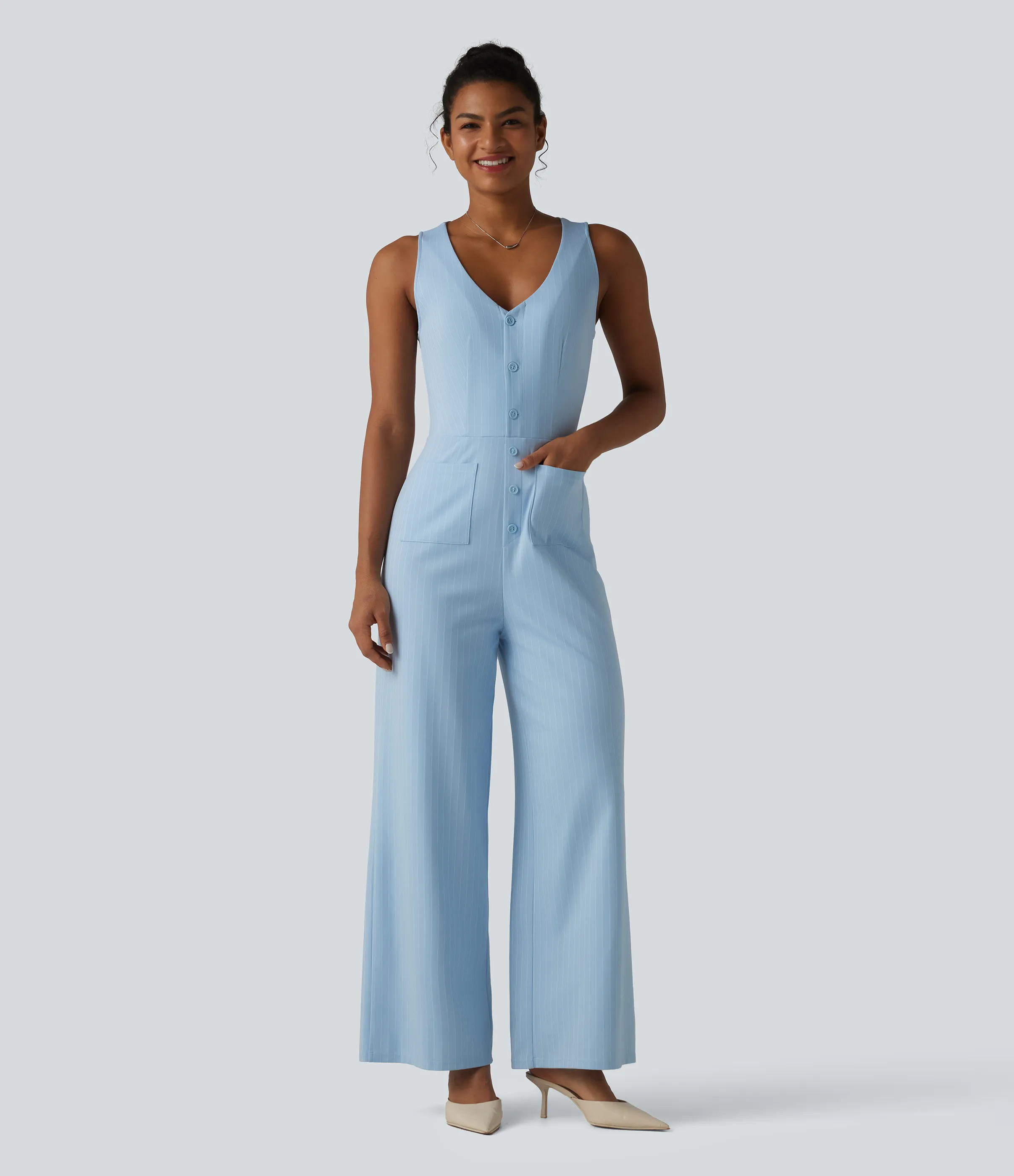 Halara Mono oficina cuello V sin mangas bolsillo delantero recortado pierna ancha rayas tacto fresco - Cloudline Blue Stripe - M(regular) sold by Halara product image thumbnail 2