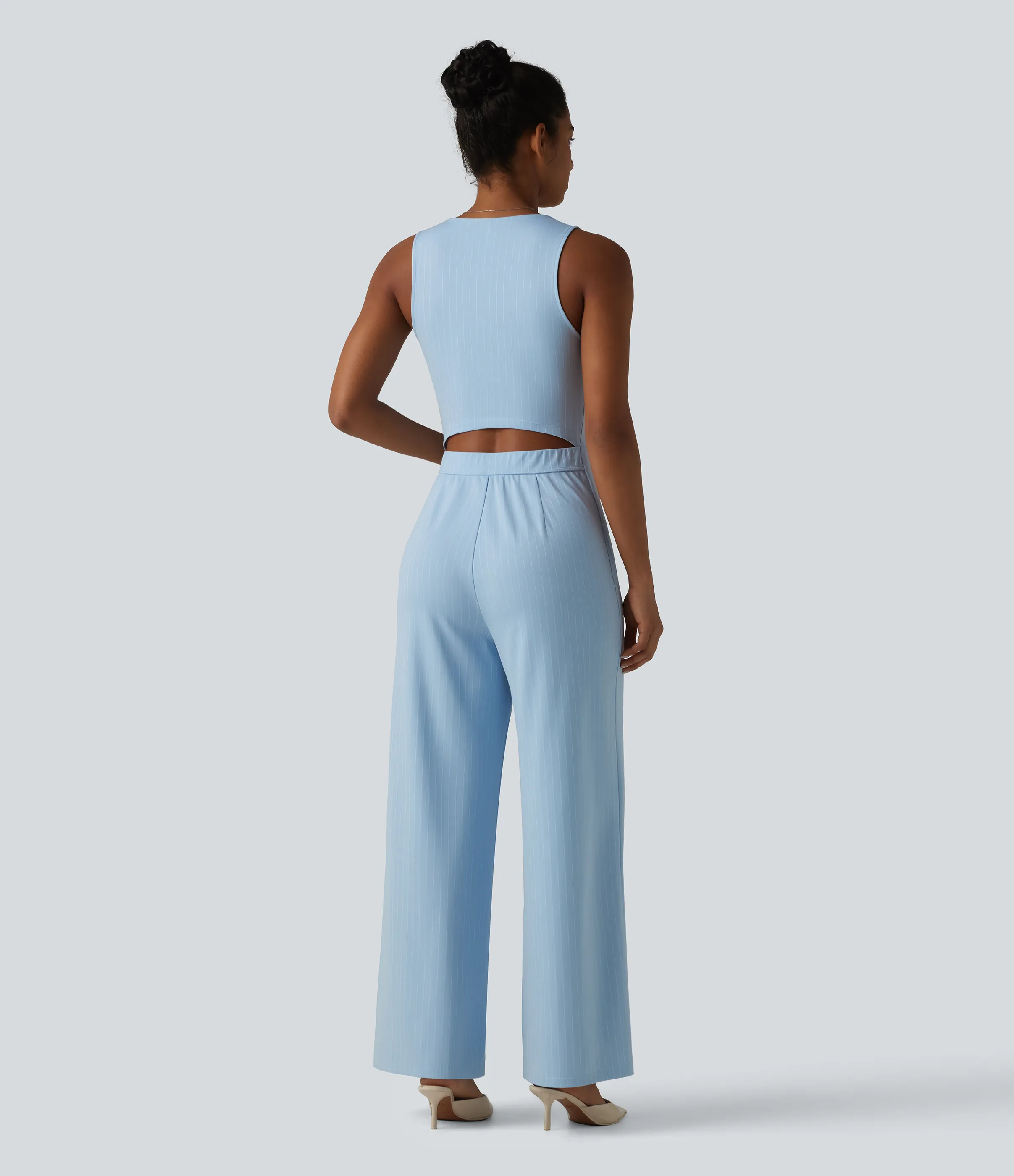 Halara Mono oficina cuello V sin mangas bolsillo delantero recortado pierna ancha rayas tacto fresco - Cloudline Blue Stripe - M(regular) sold by Halara product image thumbnail 3