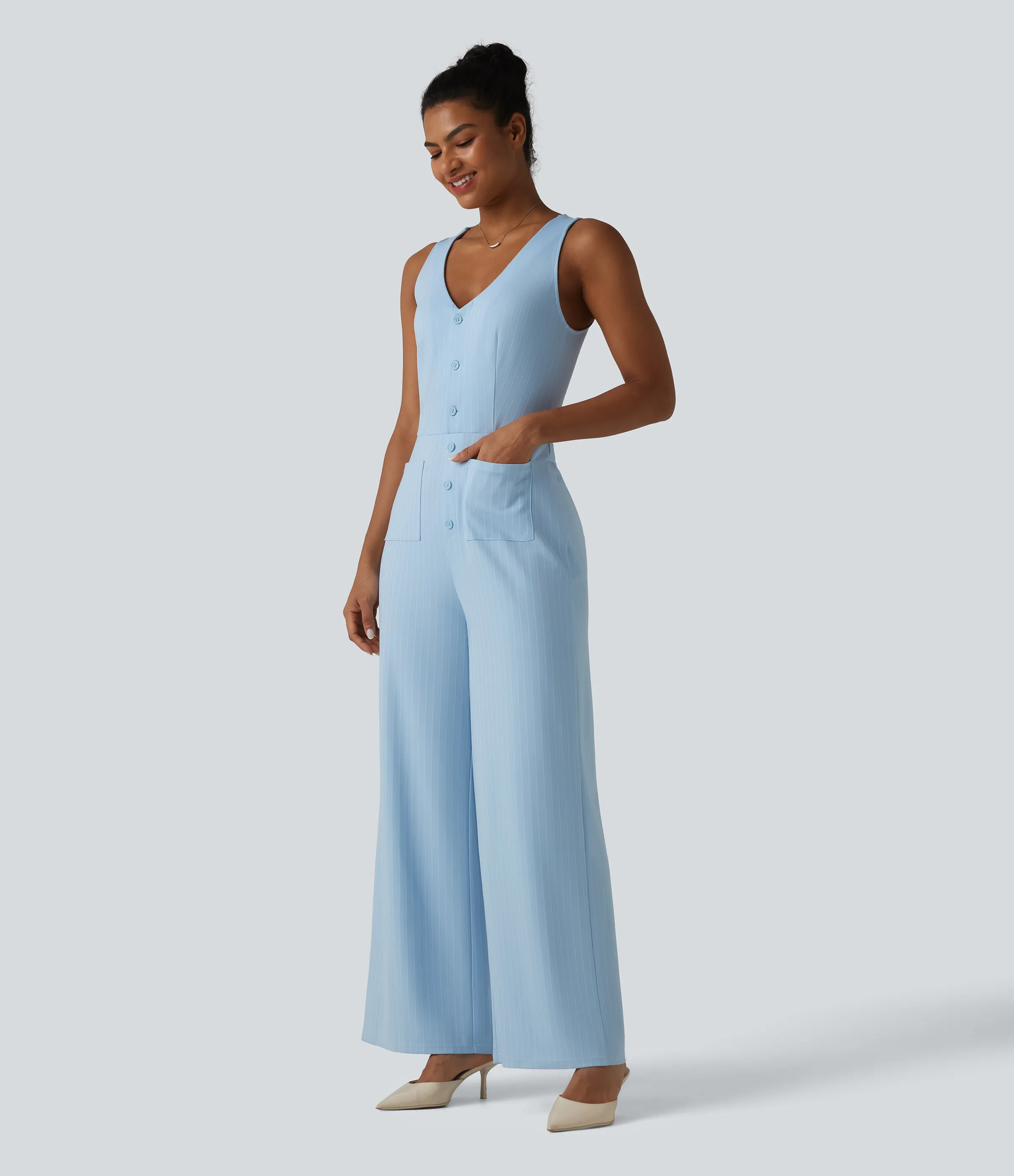 Halara Mono oficina cuello V sin mangas bolsillo delantero recortado pierna ancha rayas tacto fresco - Cloudline Blue Stripe - M(regular) sold by Halara product image thumbnail 4