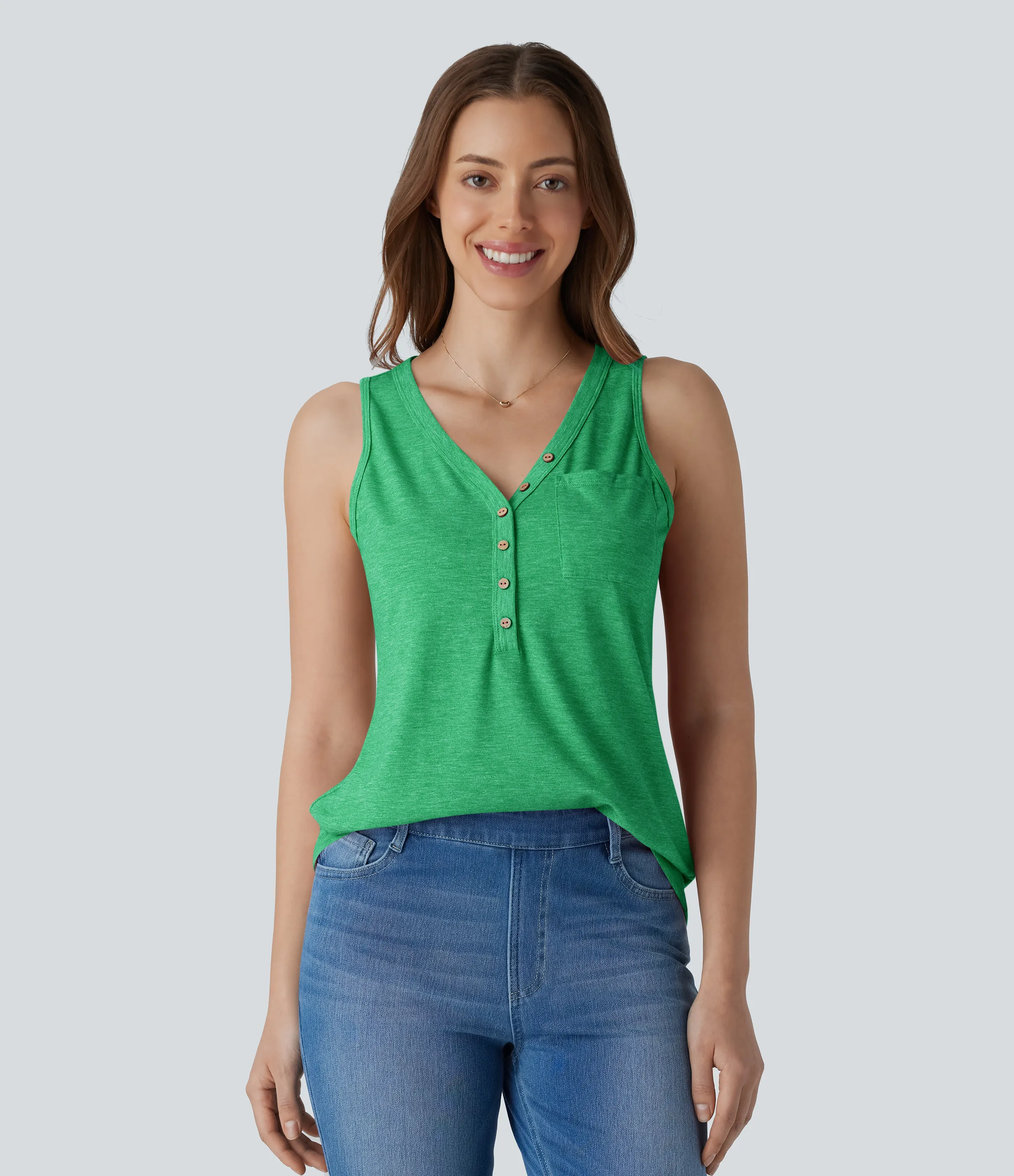 Halara Blusa sin mangas cuello V botón decorativo - Dewleaf Green - S sold by Halara product image thumbnail 2