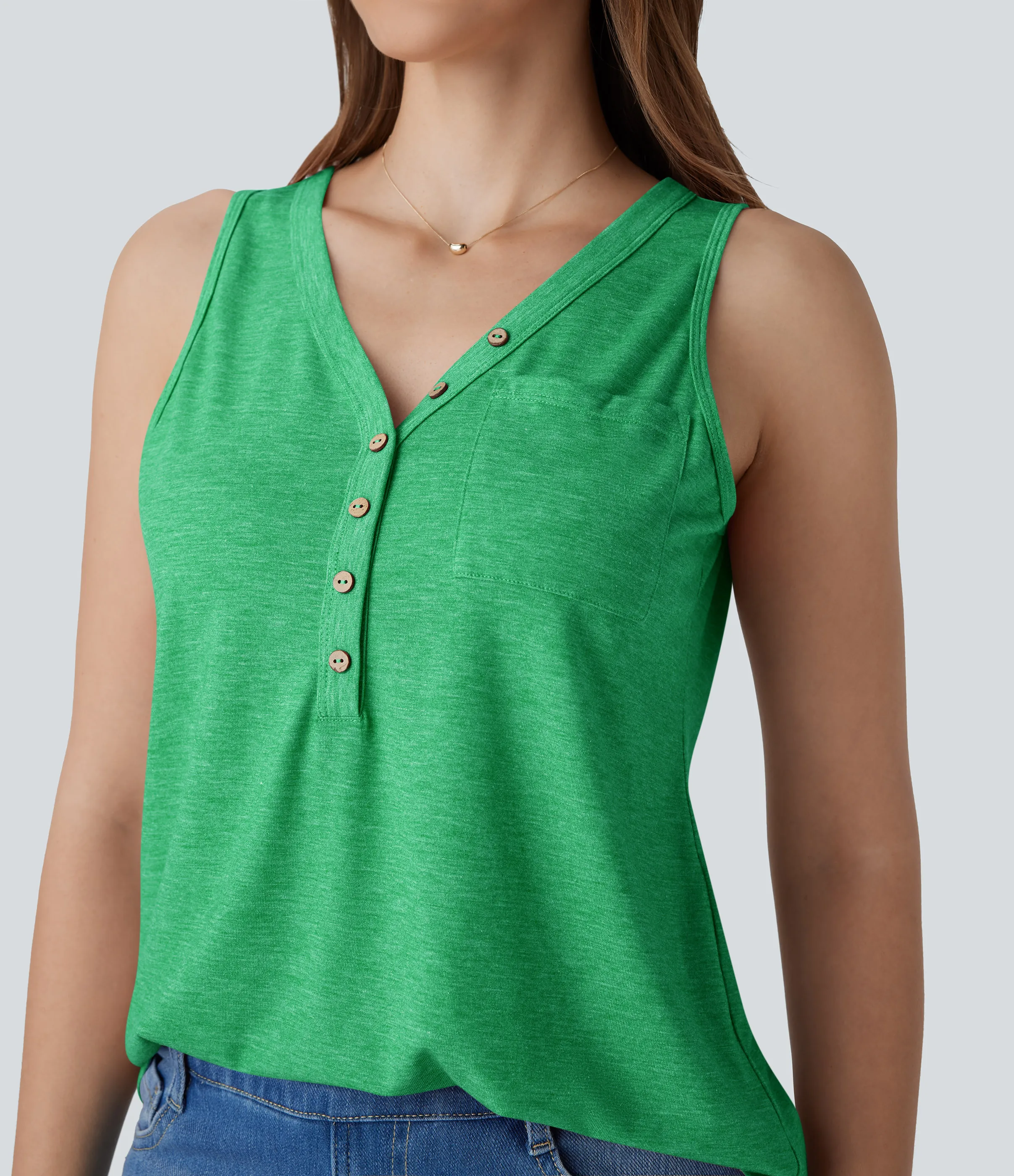 Halara Blusa sin mangas cuello V botón decorativo - Dewleaf Green - S sold by Halara product image thumbnail 5