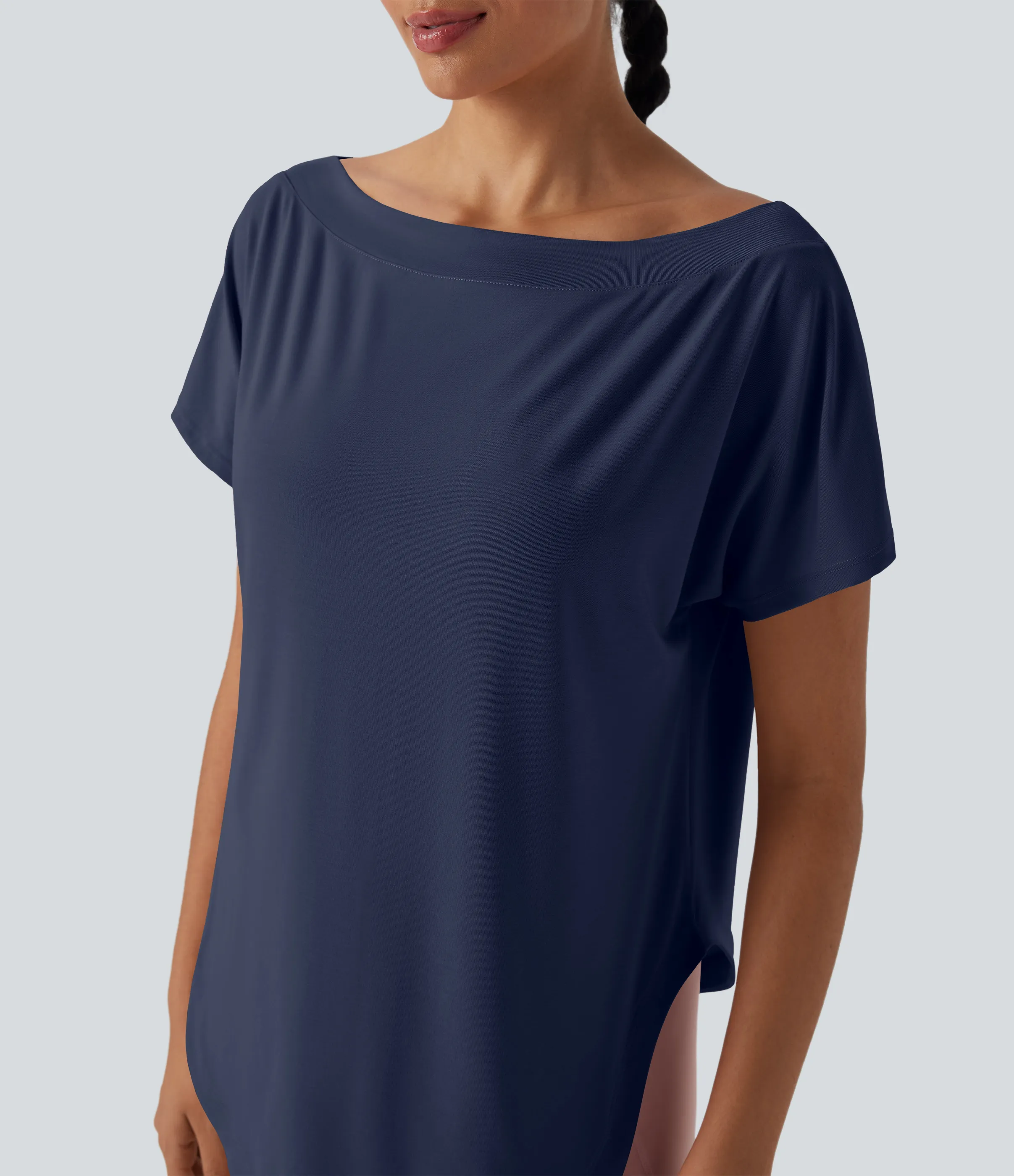 Halara Top deportivo de yoga de manga corta con secado rápido y hombro descubierto con dobladillo curvo - Mood Indigo - L sold by Halara product image thumbnail 5
