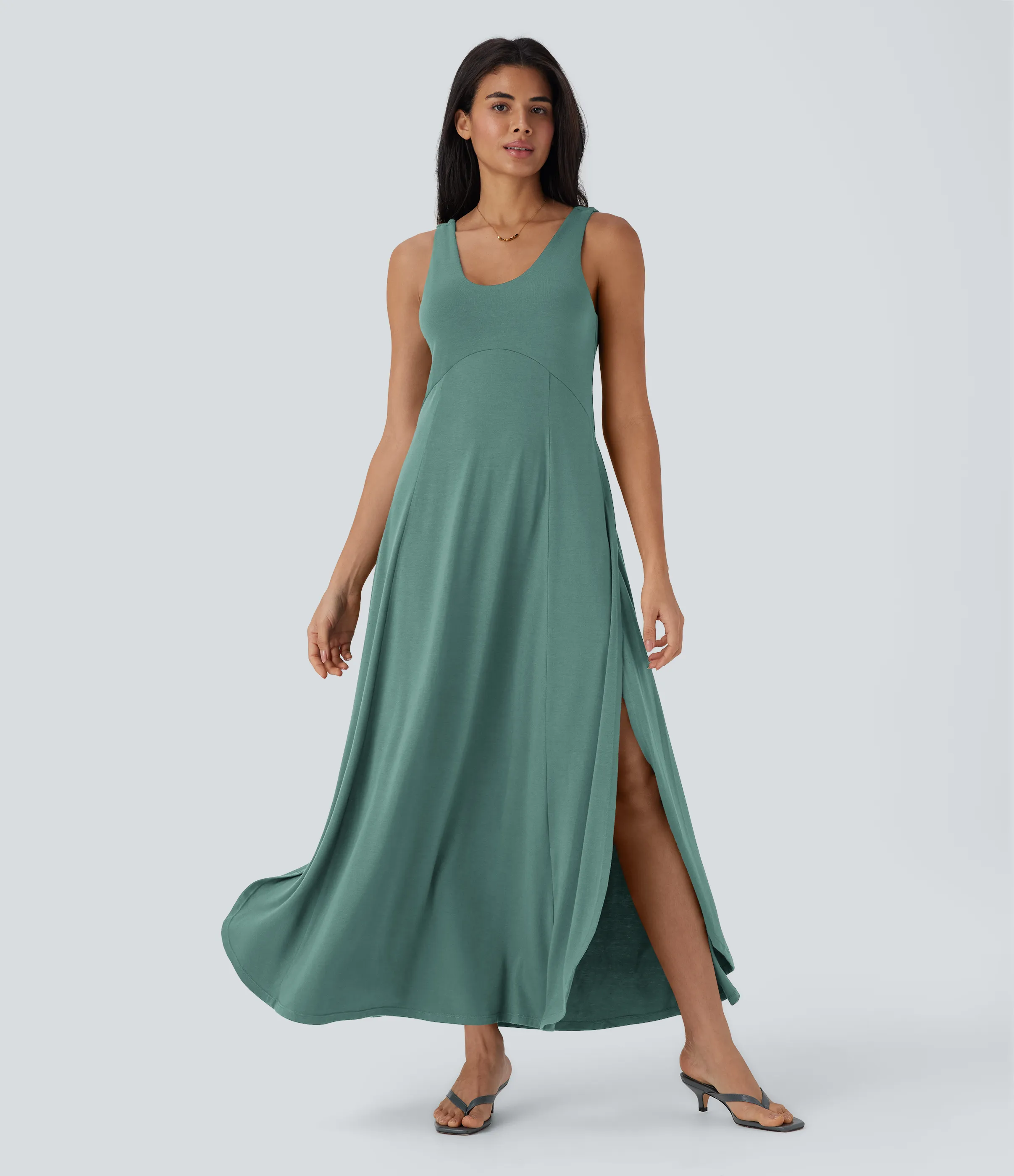 Halara Vestido largo casual fluido de tirantes con escote en U, abertura lateral y espalda descubierta - Oil Blue - M sold by Halara