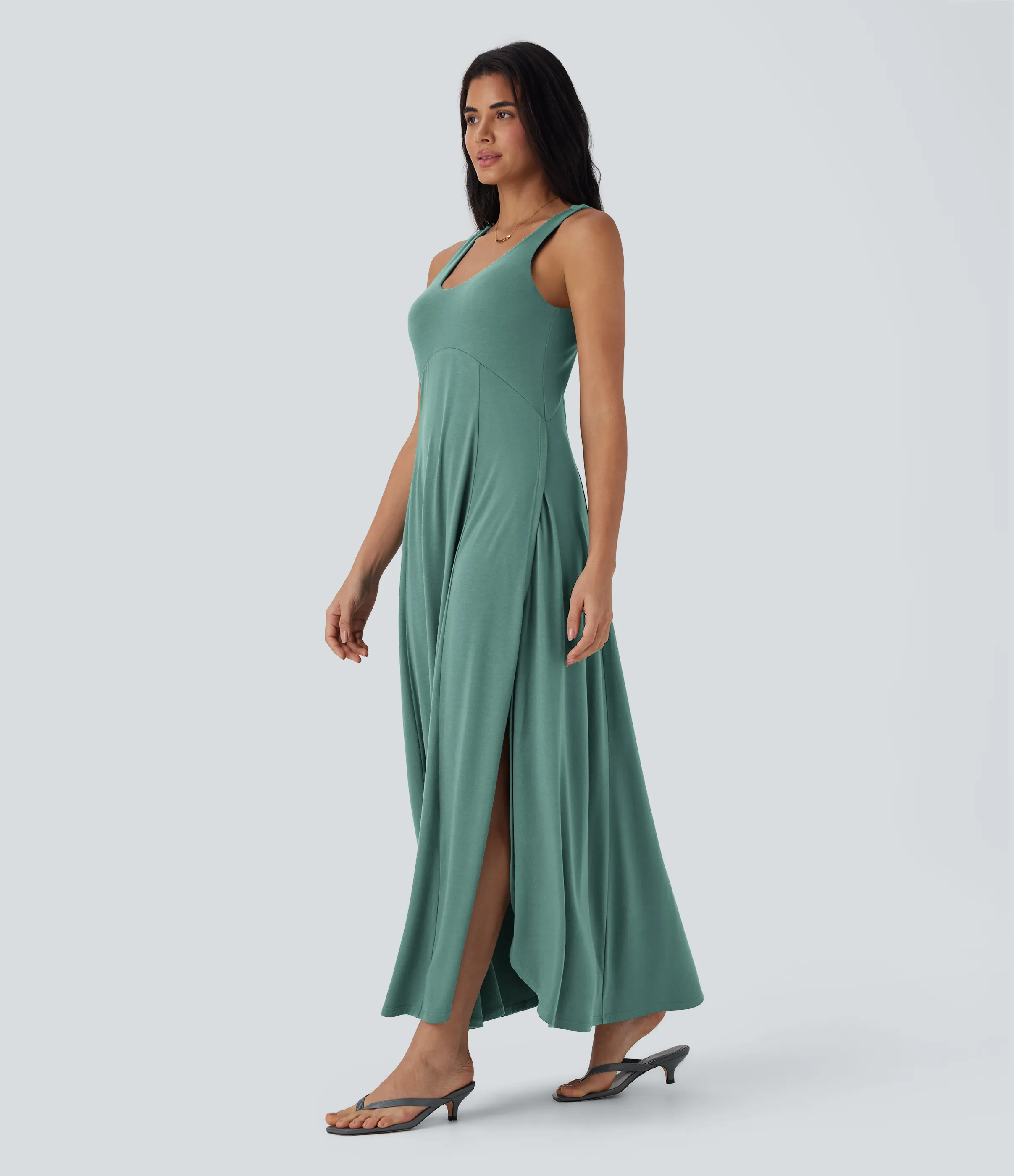 Halara Vestido largo casual fluido de tirantes con escote en U, abertura lateral y espalda descubierta - Oil Blue - M sold by Halara product image thumbnail 4