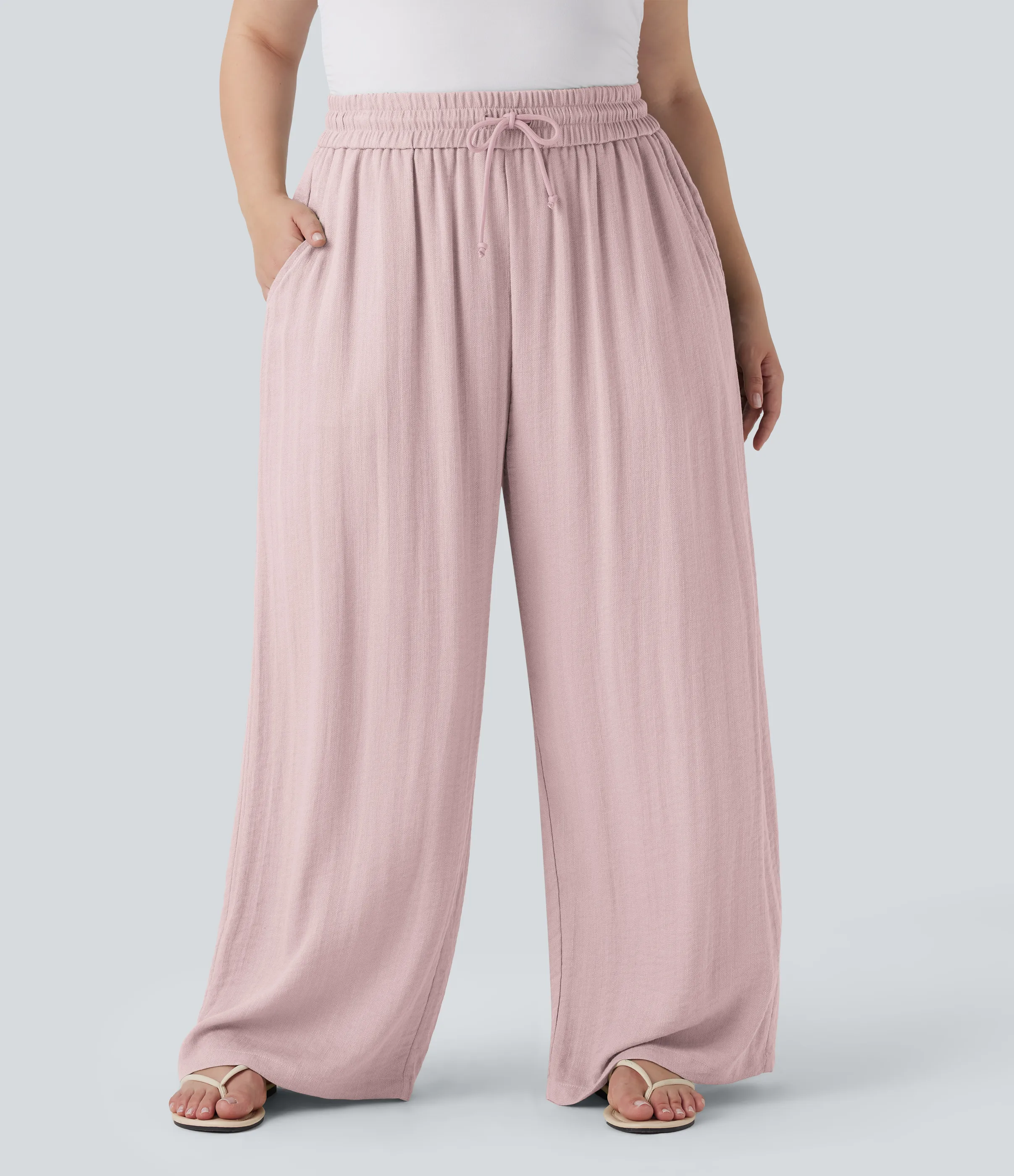 Halara Pantalón lino tiro alto cordón ajustable pierna ancha bolsillo talla grande - Lilac Pink - 2X(regular) sold by Halara product image thumbnail 2