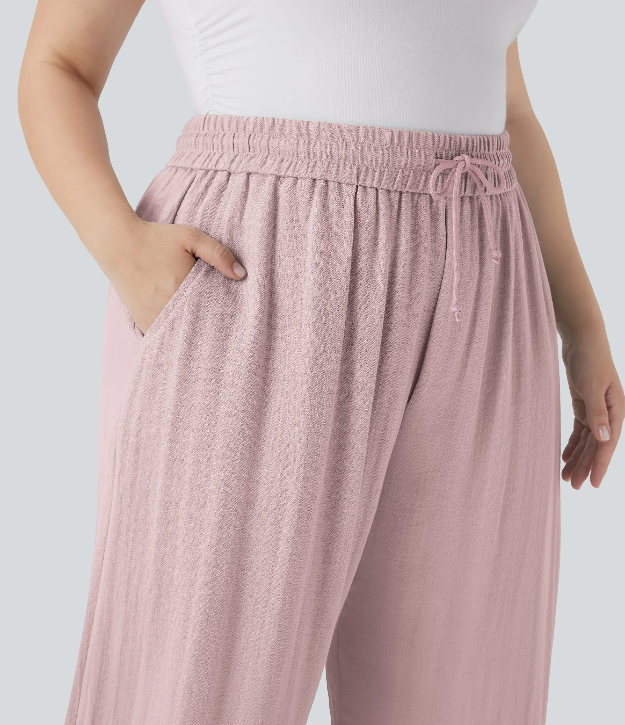Halara Pantalón lino tiro alto cordón ajustable pierna ancha bolsillo talla grande - Lilac Pink - 2X(regular) sold by Halara product image thumbnail 5