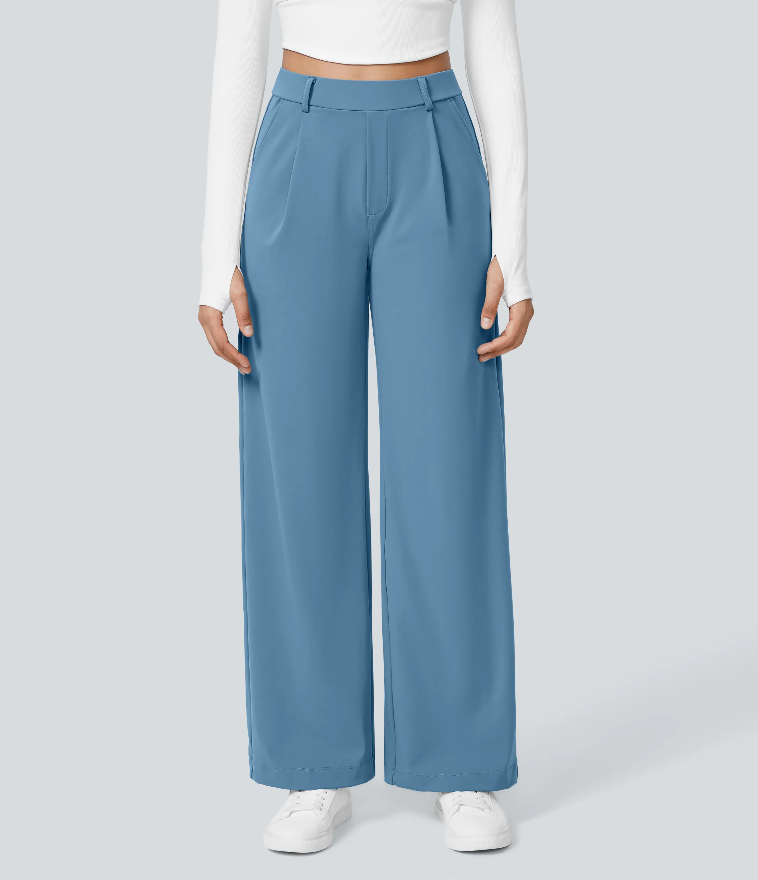 Halara Pantalón oficina pierna recta bolsillo lateral tiro alto pliegue - Light Azure - S(regular) sold by Halara product image thumbnail 3