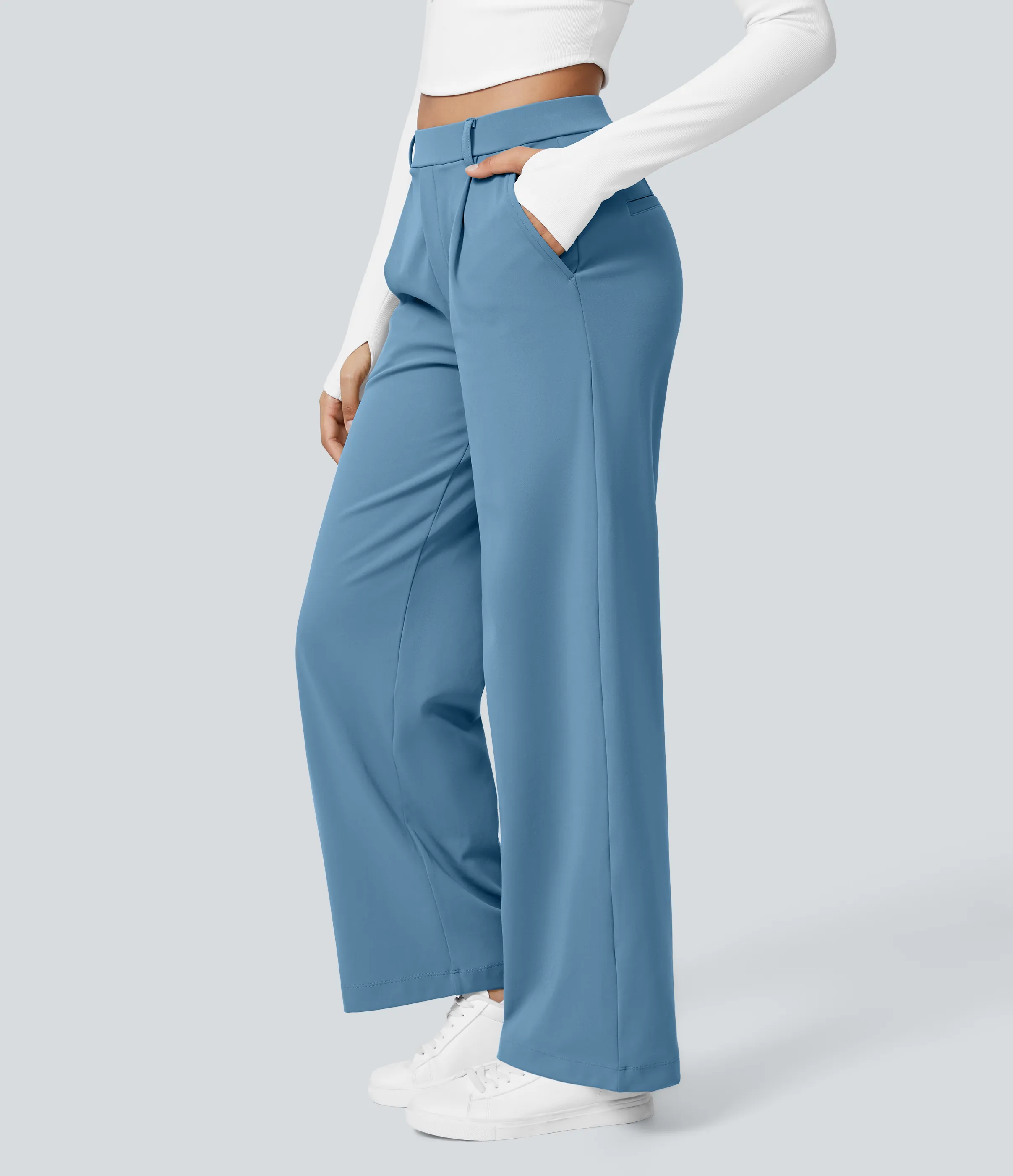 Halara Pantalón oficina pierna recta bolsillo lateral tiro alto pliegue - Light Azure - S(regular) sold by Halara product image thumbnail 4
