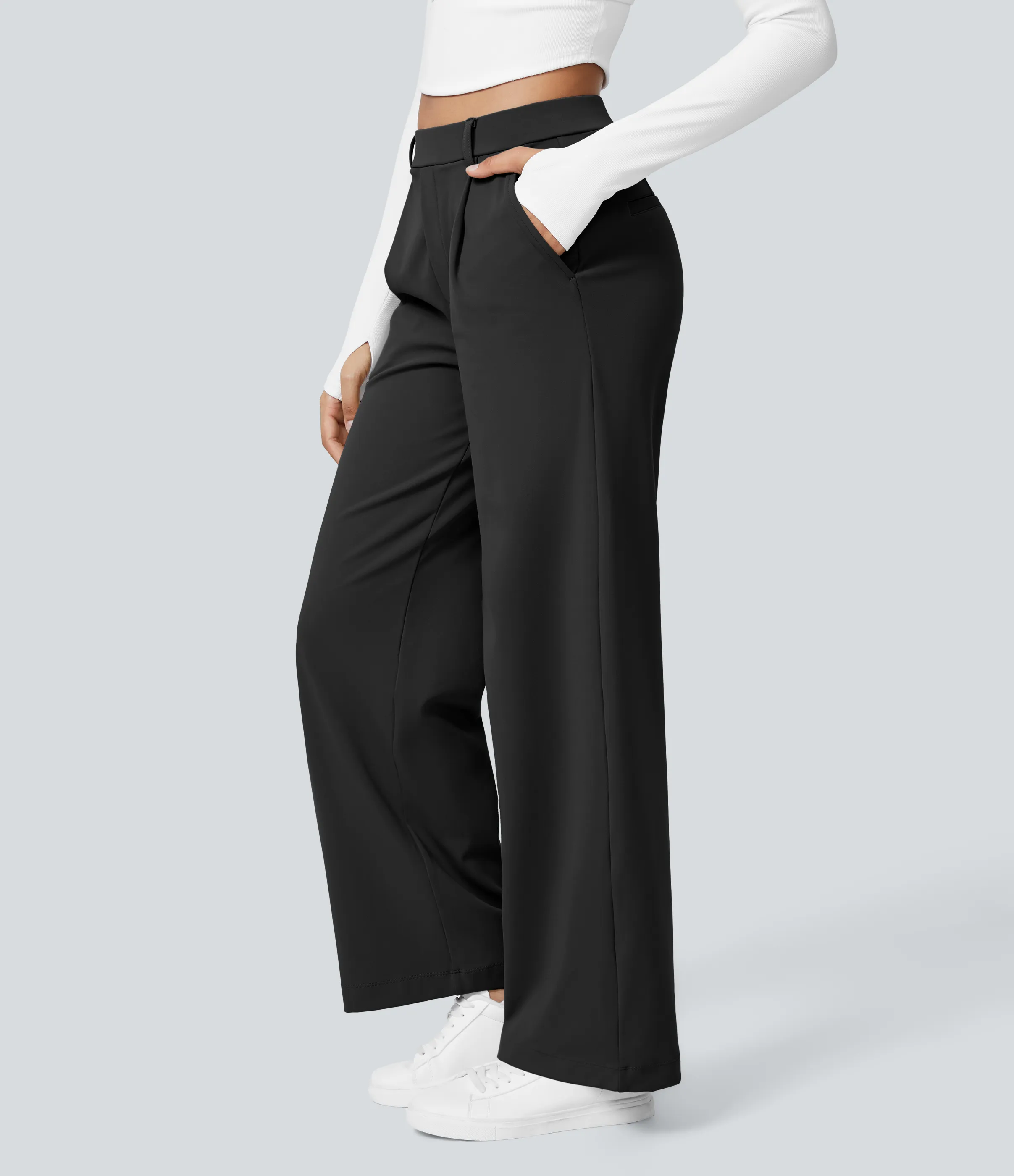 Halara Pantalón oficina pierna recta bolsillo lateral tiro alto pliegue - Black - L(petite) sold by Halara product image thumbnail 4