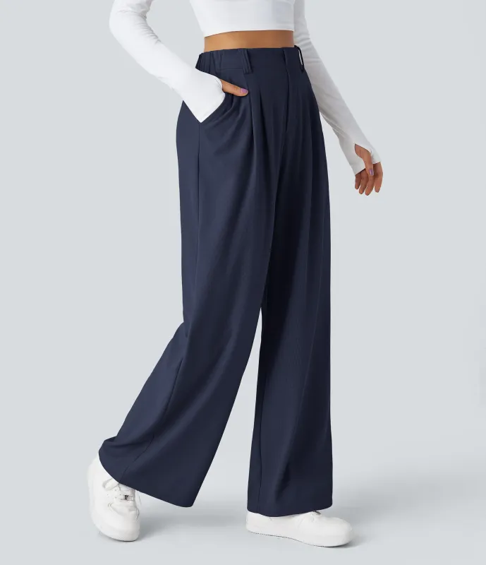 Halara Pantalones Halara Flex™ de oficina anchos plisados de tiro alto con bolsillos en tela tipo gofre - Dark Blue - XS(extall) made by Halara