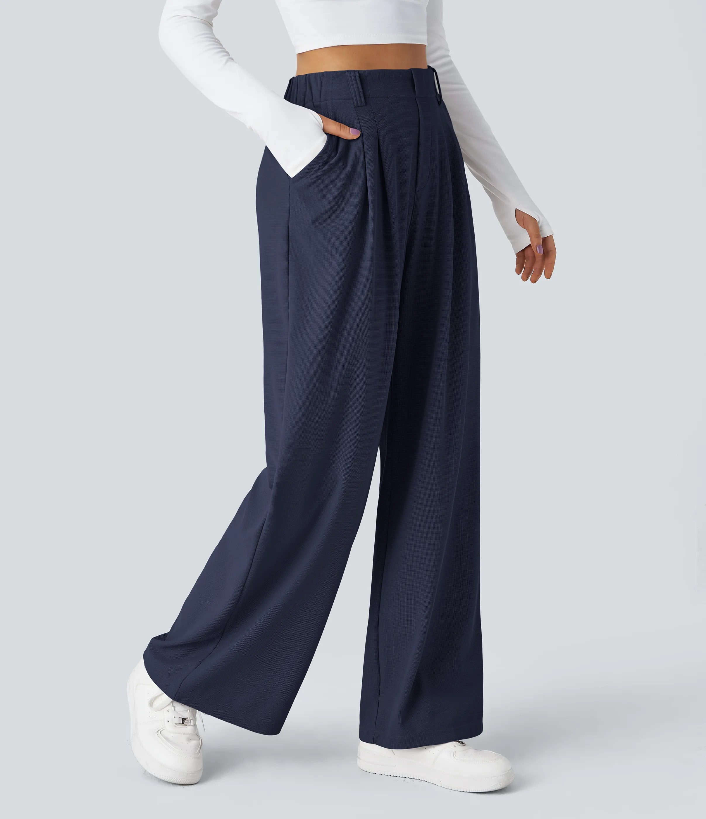 Halara Pantalones Halara Flex™ de oficina anchos plisados de tiro alto con bolsillos en tela tipo gofre - Dark Blue - XS(extall) sold by Halara product image thumbnail 2