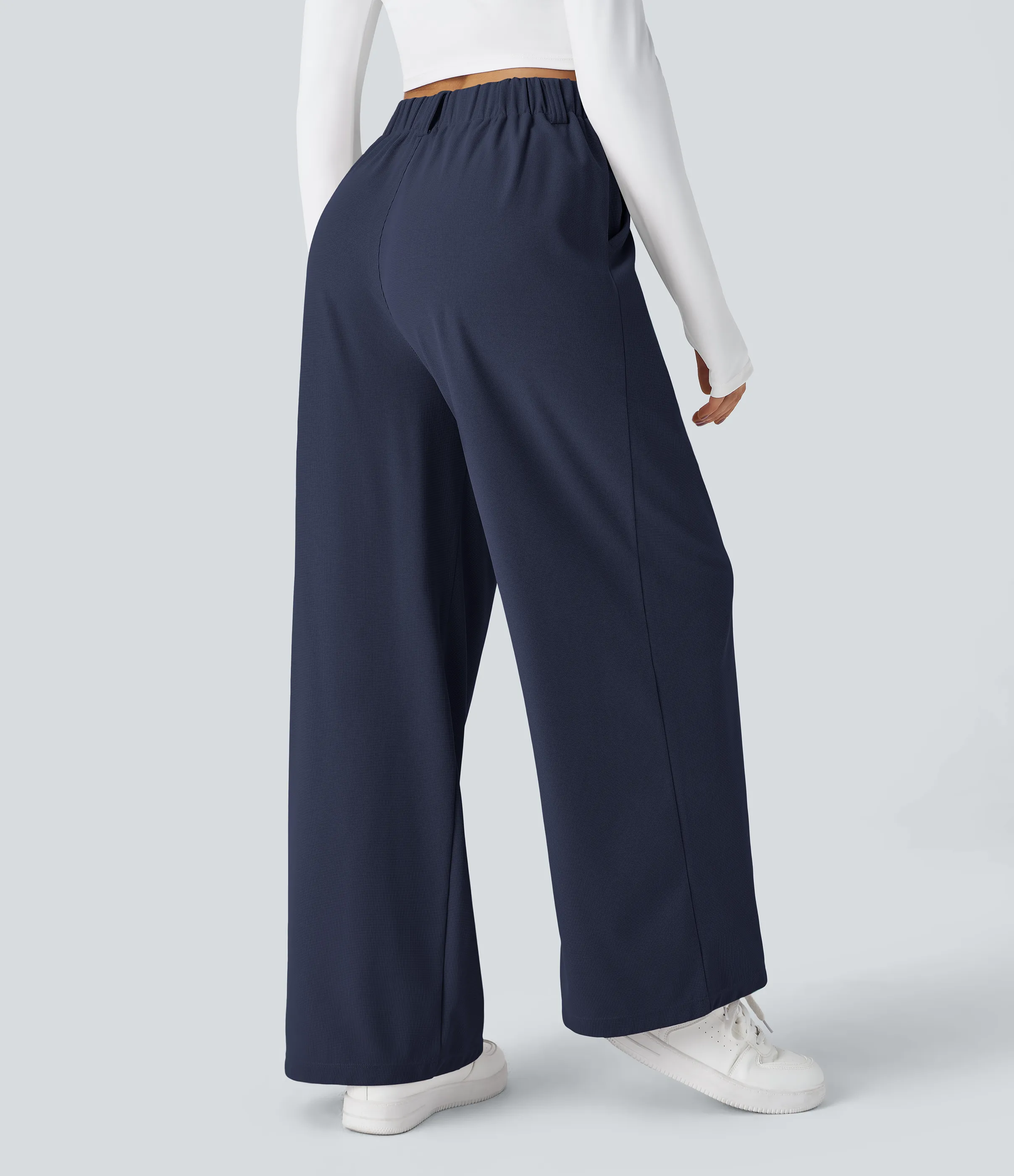Halara Pantalones Halara Flex™ de oficina anchos plisados de tiro alto con bolsillos en tela tipo gofre - Dark Blue - XS(extall) sold by Halara product image thumbnail 3