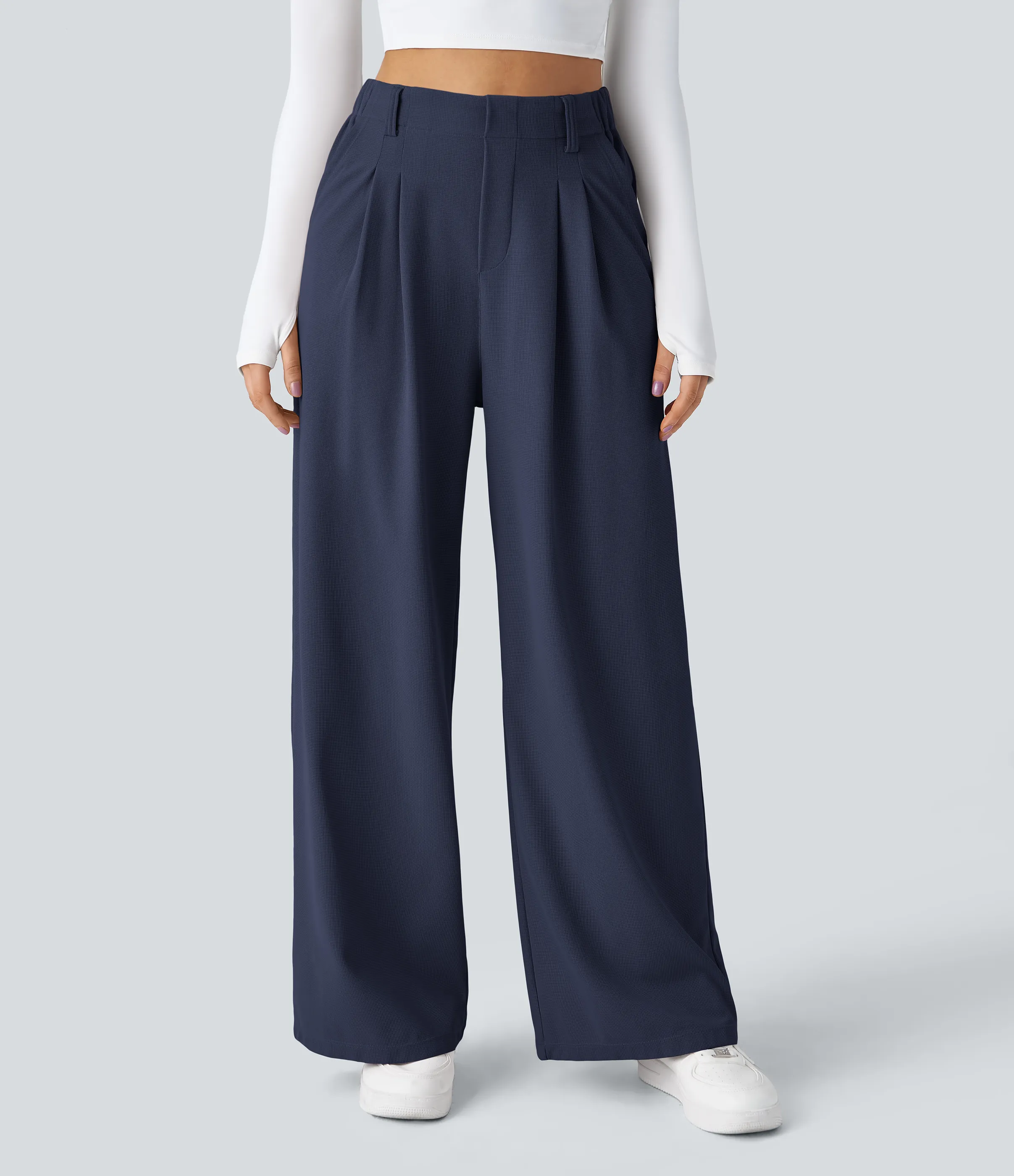 Halara Pantalones Halara Flex™ de oficina anchos plisados de tiro alto con bolsillos en tela tipo gofre - Dark Blue - XS(extall) sold by Halara product image thumbnail 4