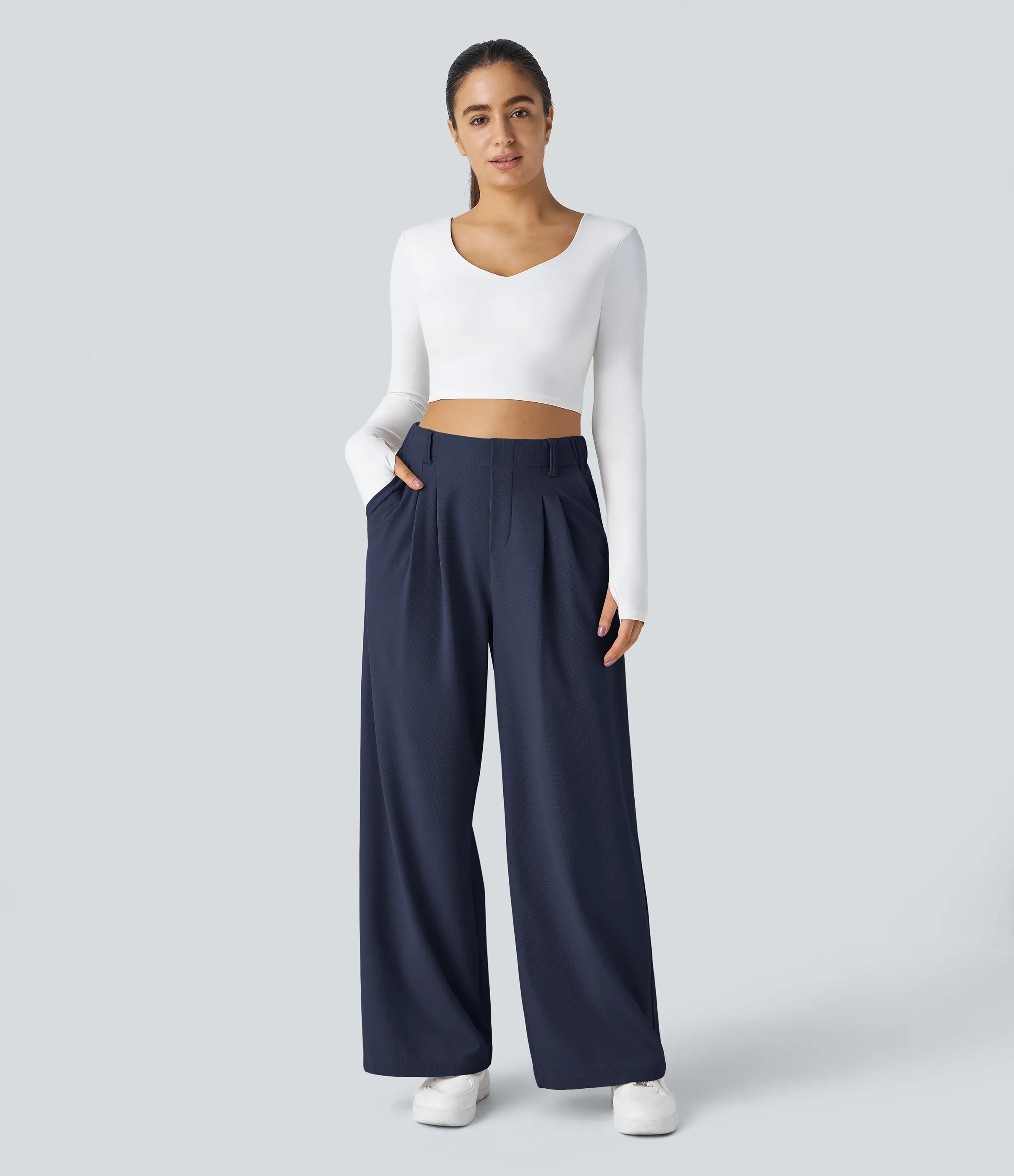 Halara Pantalones Halara Flex™ de oficina anchos plisados de tiro alto con bolsillos en tela tipo gofre - Dark Blue - XS(extall) sold by Halara product image thumbnail 5