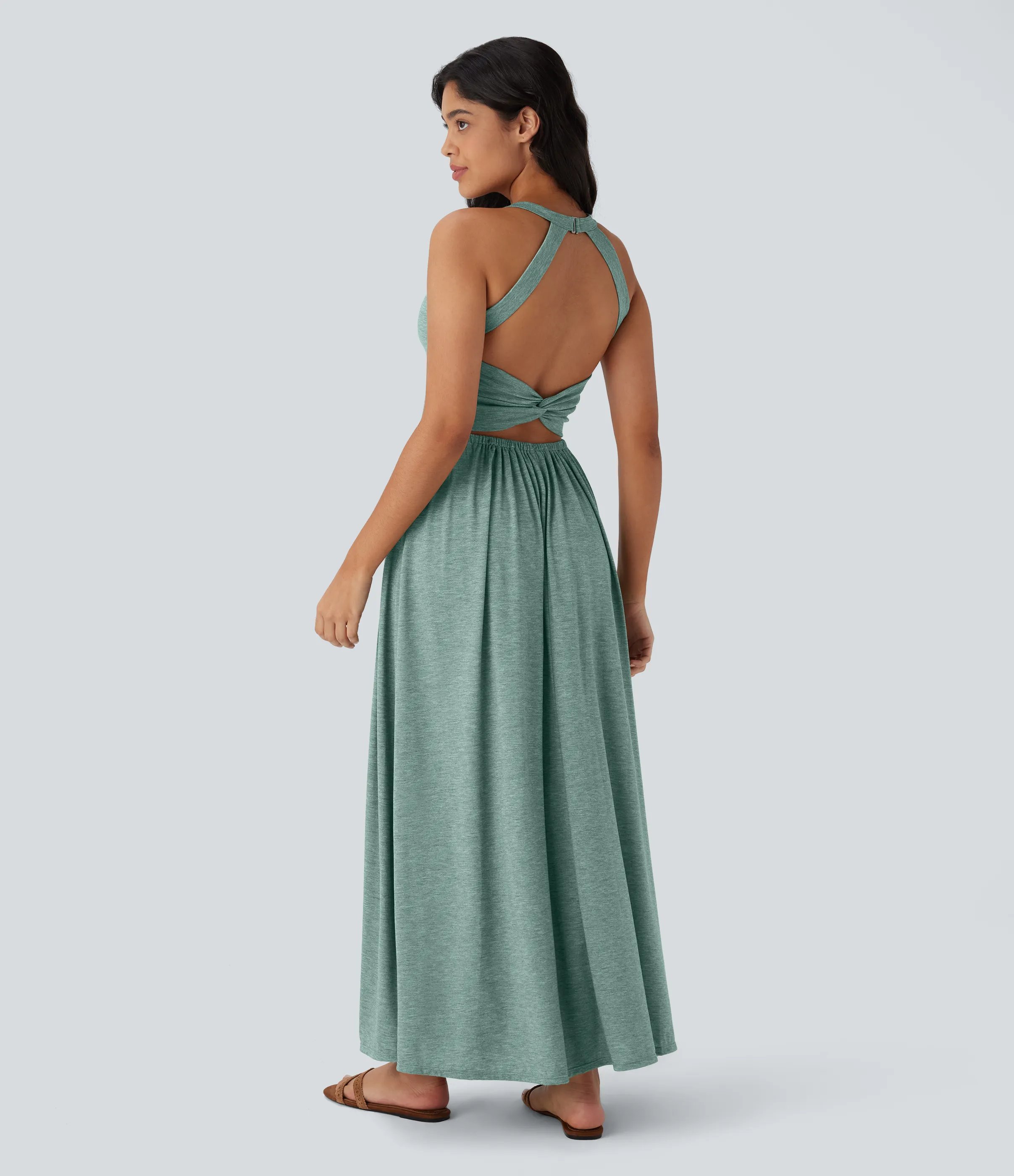 Halara Vestido largo playero fluido con abertura y bolsillos laterales y espalda abierta cruzada - Misty Pale Blue - L sold by Halara