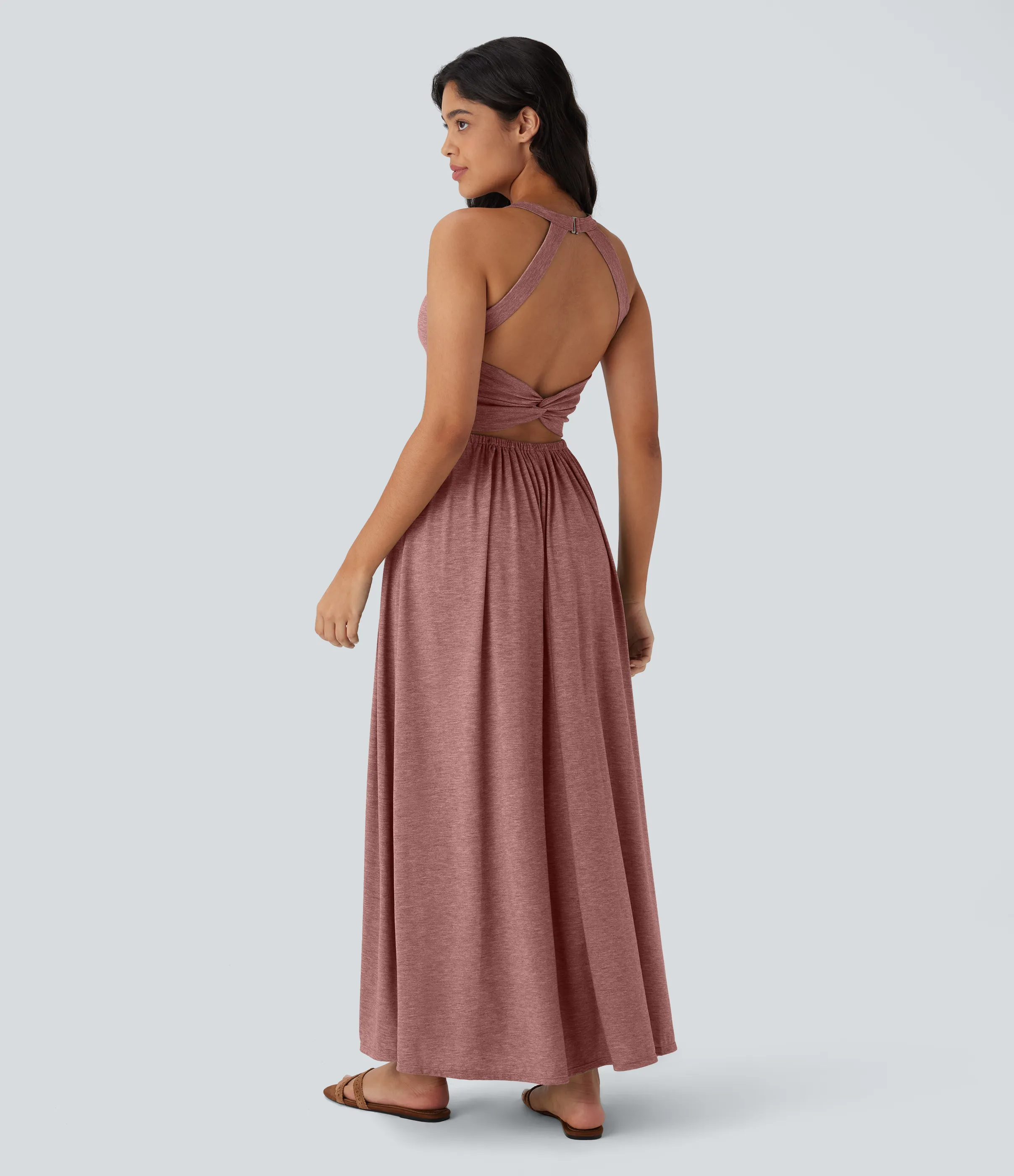 Halara Vestido largo playero fluido con abertura y bolsillos laterales y espalda abierta cruzada - Brick Red Mix - XS sold by Halara