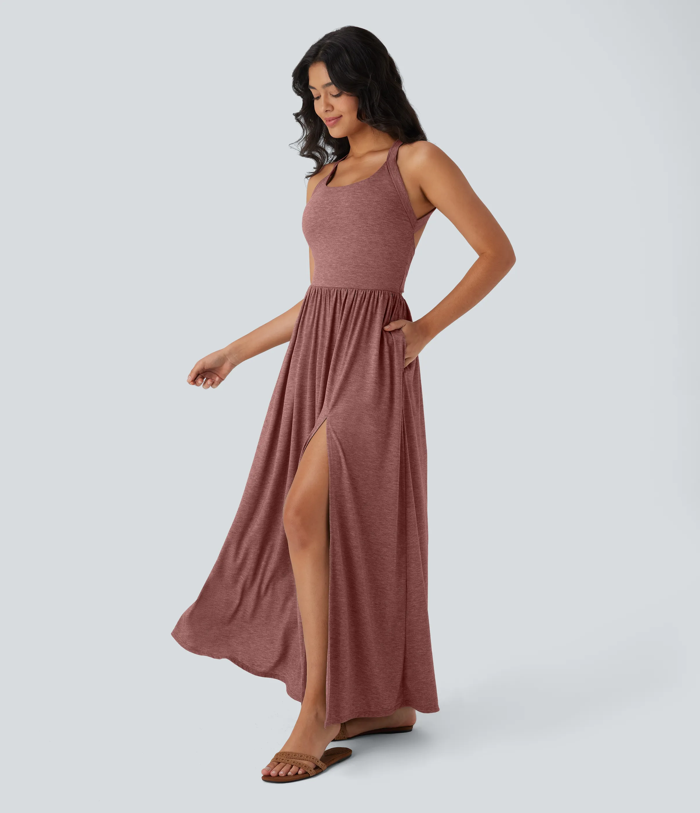 Halara Vestido largo playero fluido con abertura y bolsillos laterales y espalda abierta cruzada - Brick Red Mix - XS sold by Halara product image thumbnail 4