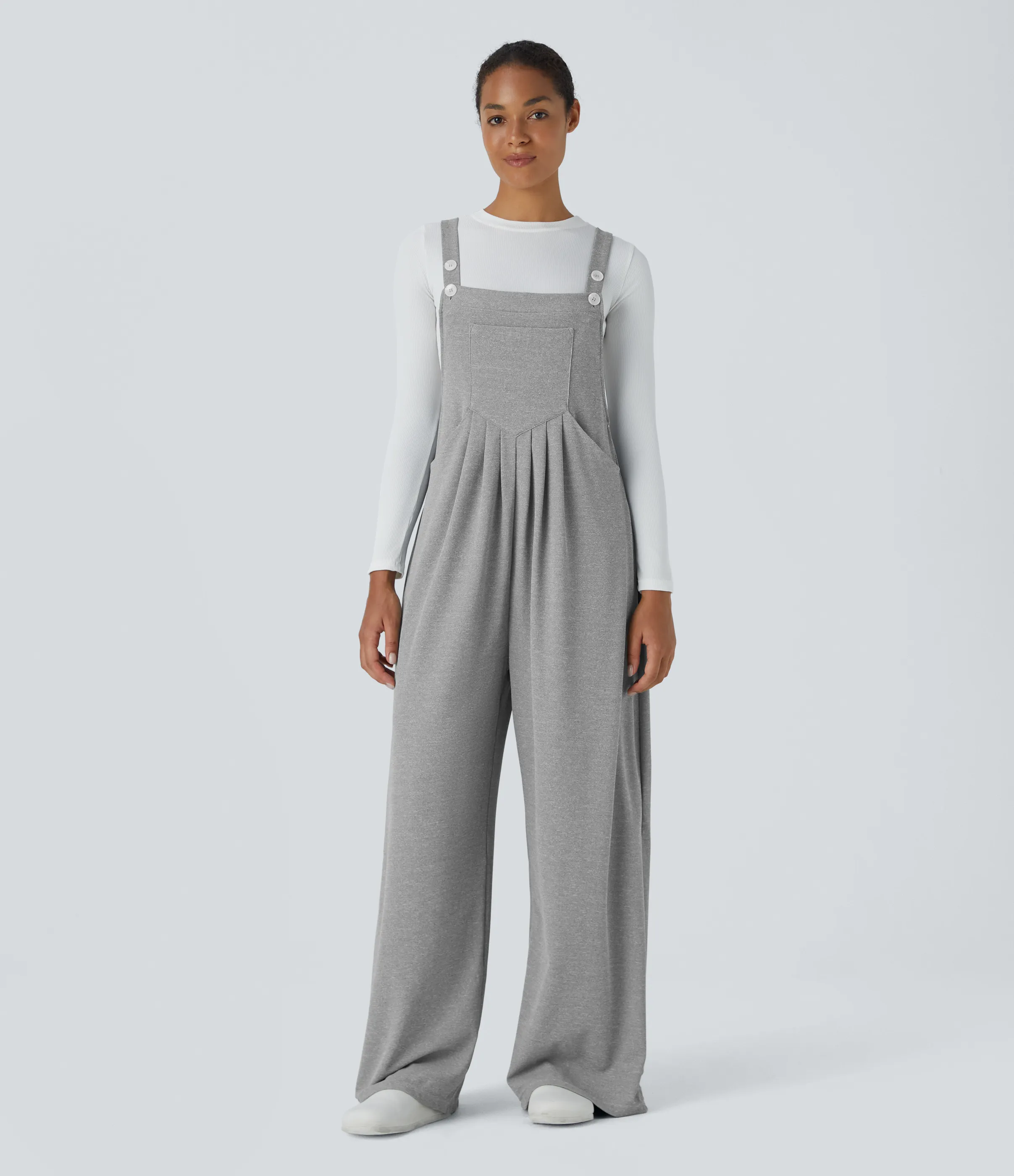 Halara Overol botón correa ajustable bolsillo múltiple gofre plisado - Waffle Gray - S(petite) sold by Halara product image thumbnail 2