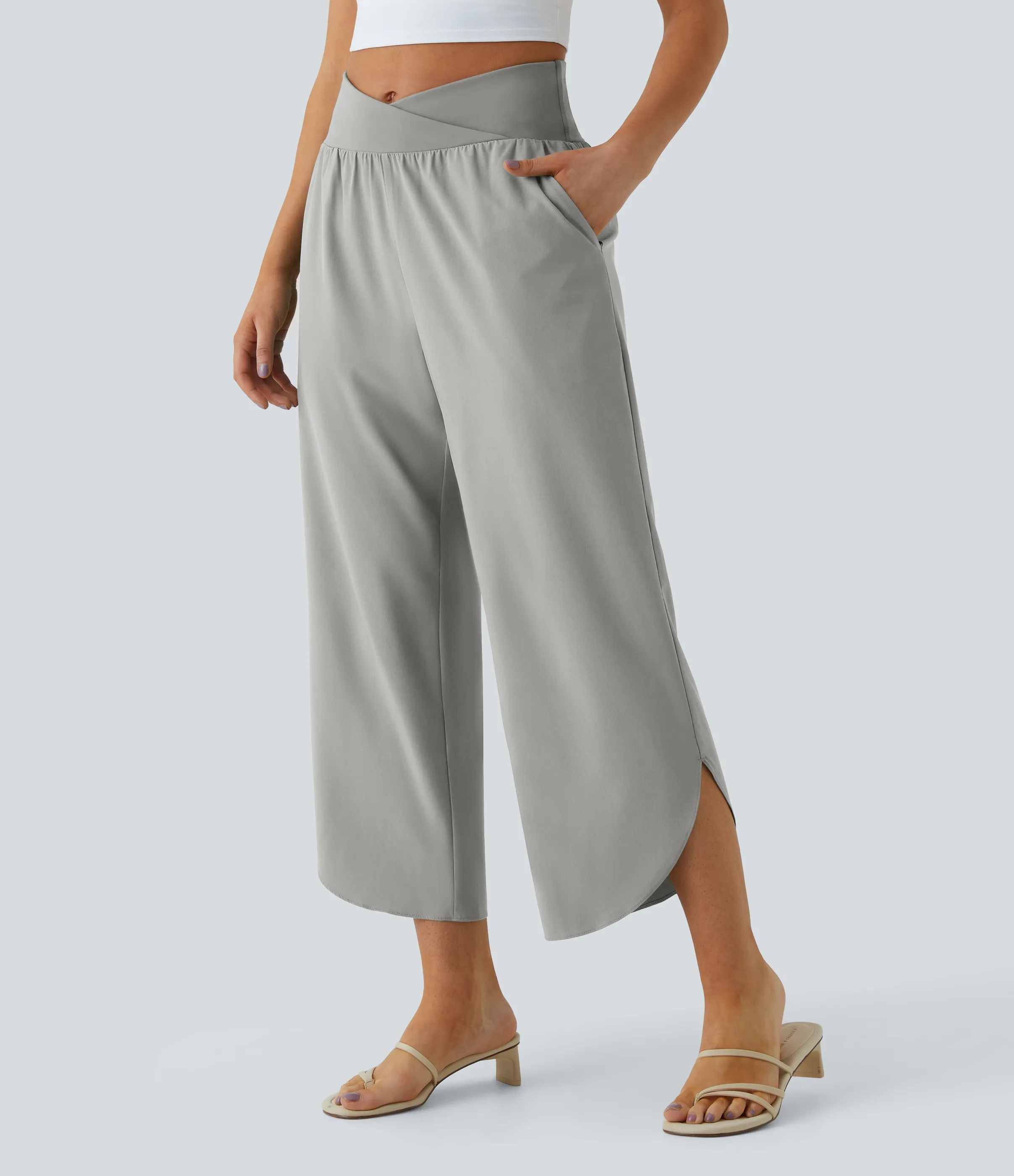 Halara Pantalón Breezeful™ Resort secado rápido abertura bolsillo lateral plisado cruzado tiro alto - Dust Gray - XL(regular) sold by Halara