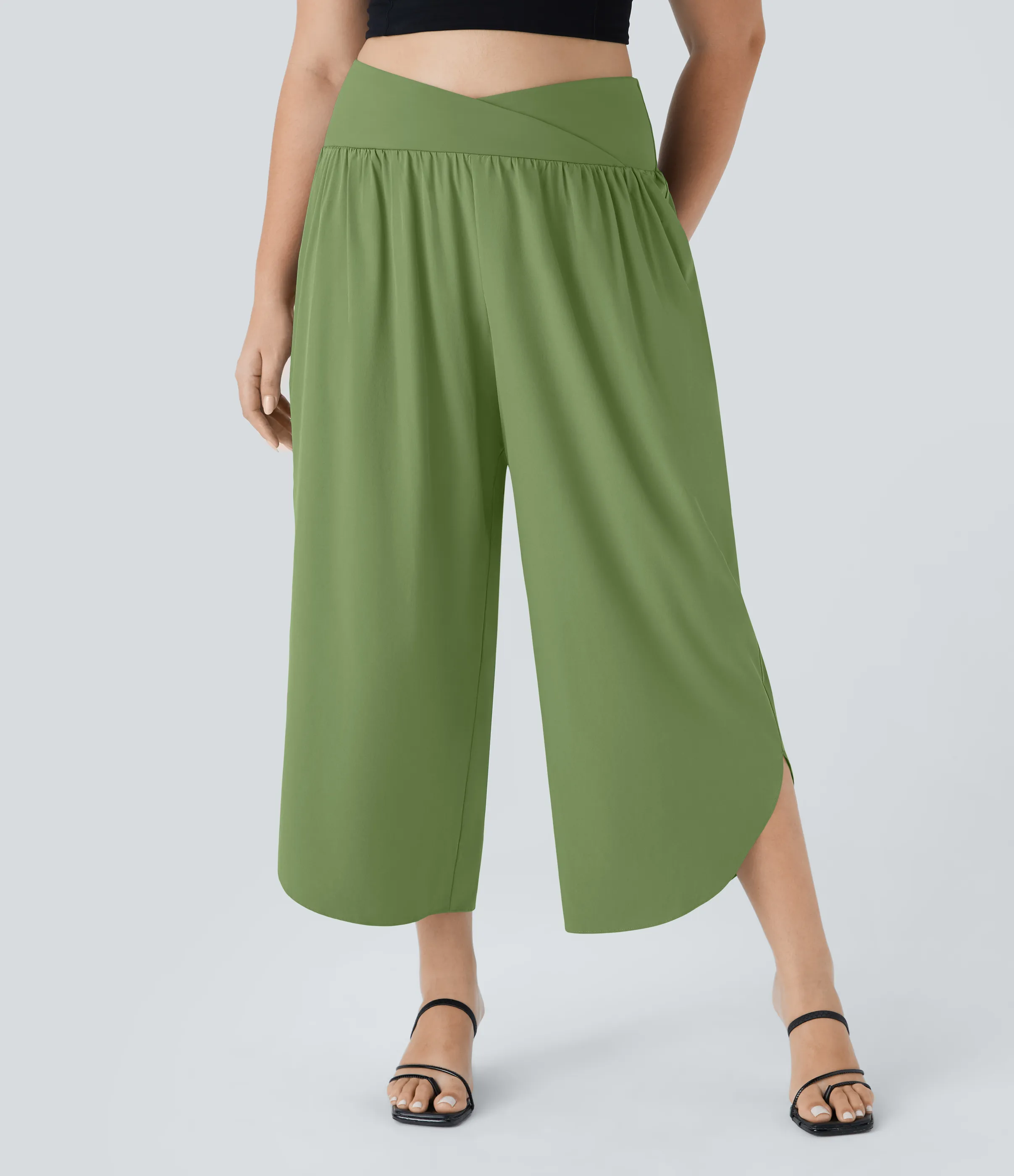 Halara Pantalón Breezeful™ talla grande tiro alto cruzado plisado bolsillo lateral dividido secado rápido - Hot Wasabi - Green - 2X(regular) sold by Halara product image thumbnail 4