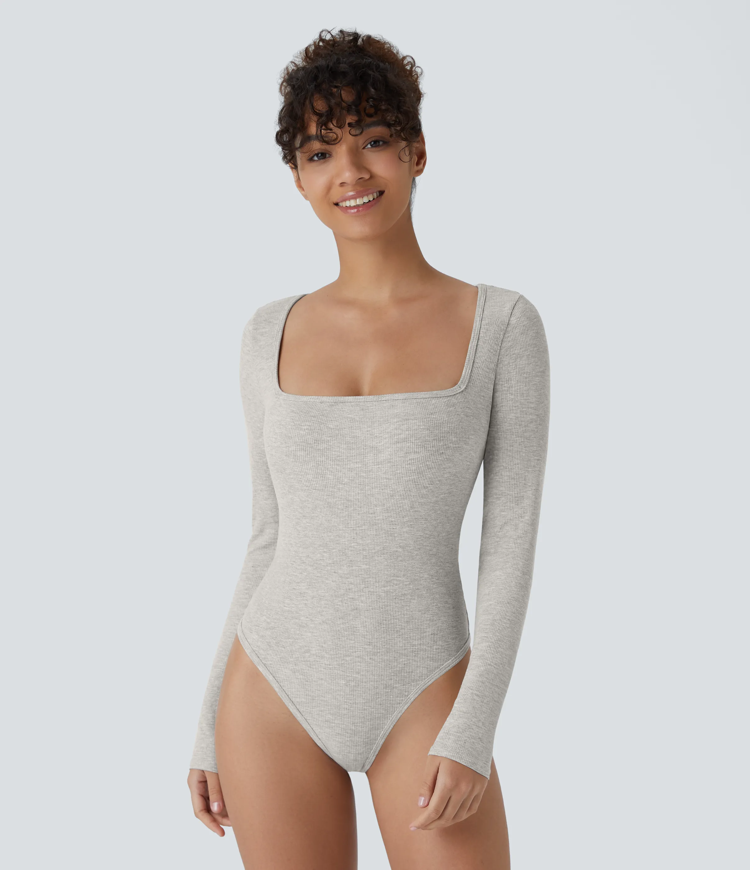 Halara Body oficina ajustado botón manga larga cuello cuadrado acanalado - Fog Gray - XL sold by Halara