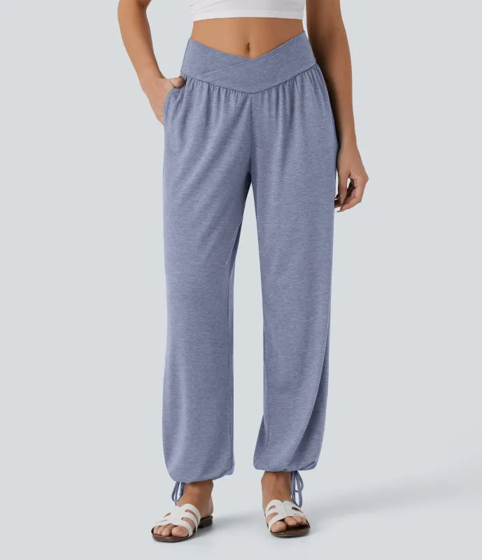 Halara Pantalón deportivo tiro alto bolsillo lateral cordón ajustable - Light Blue Floral Yarn - S(regular) made by Halara