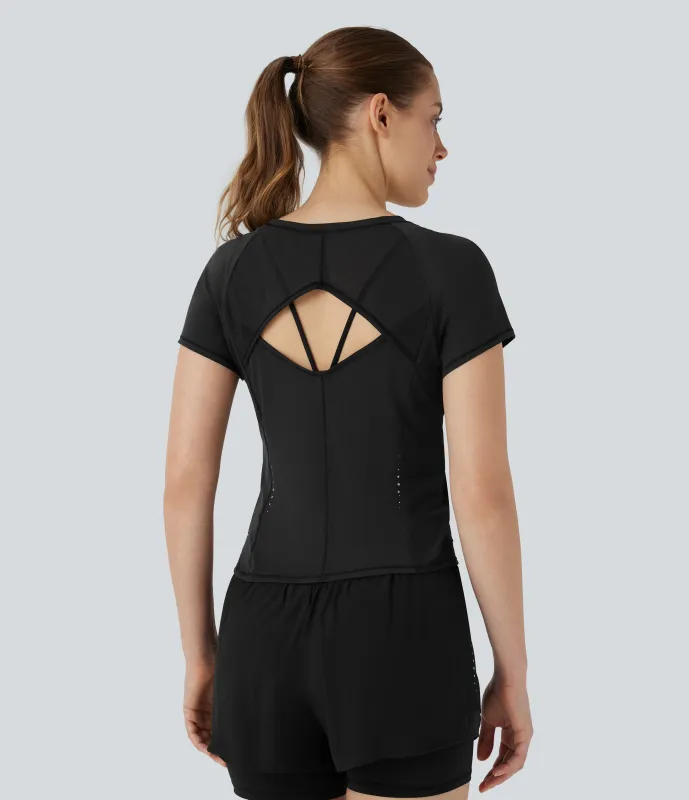 Halara Camiseta deportiva correr secado rápido cuello redondo manga corta reflectante malla contrastante corte - Black - XS made by Halara