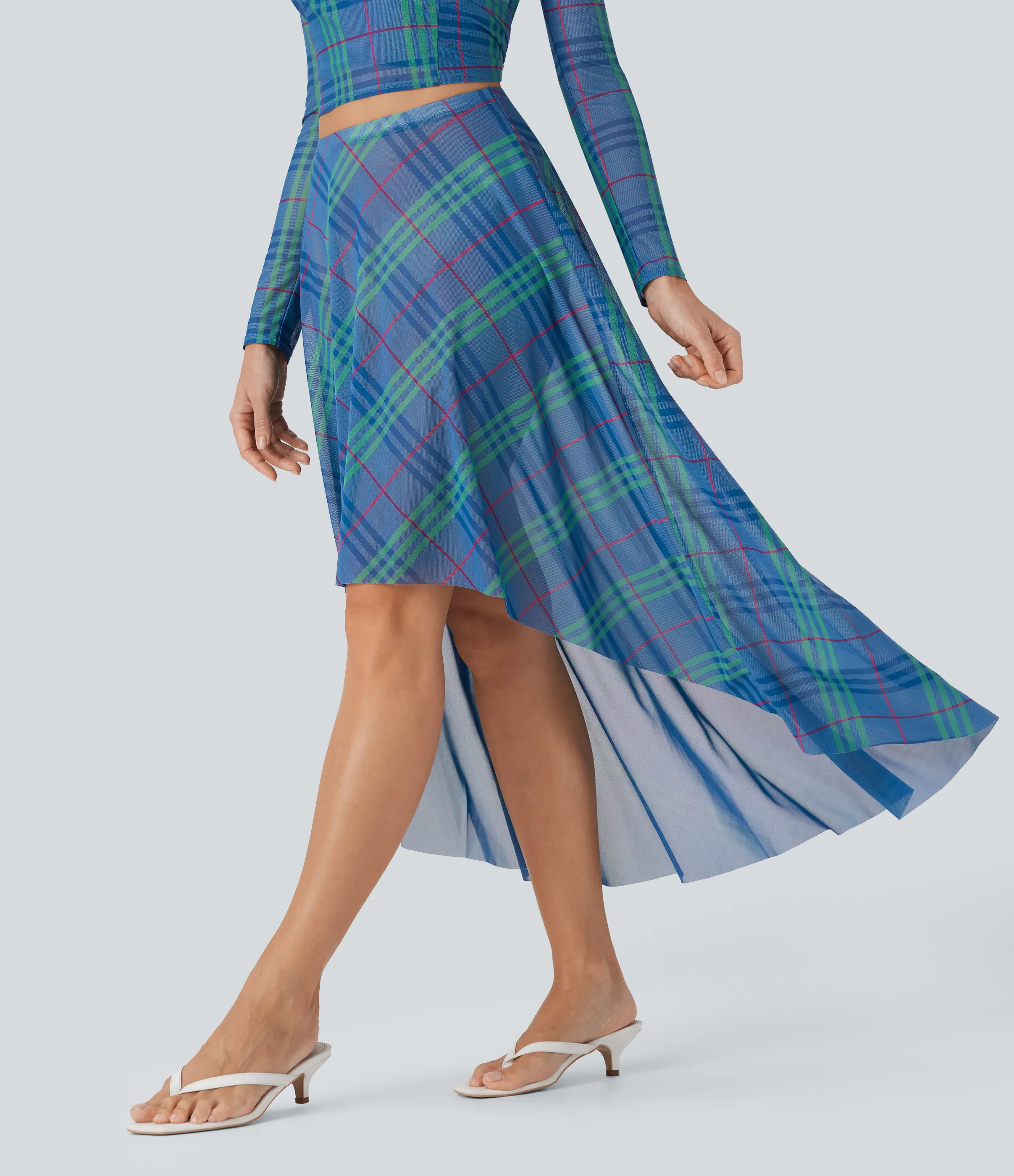Halara Falda larga fluida con tiro alto de malla transparente con tiro alto y cuadros escoceses - Sky Blue Greengage Red Plaid - XS(regular) sold by Halara