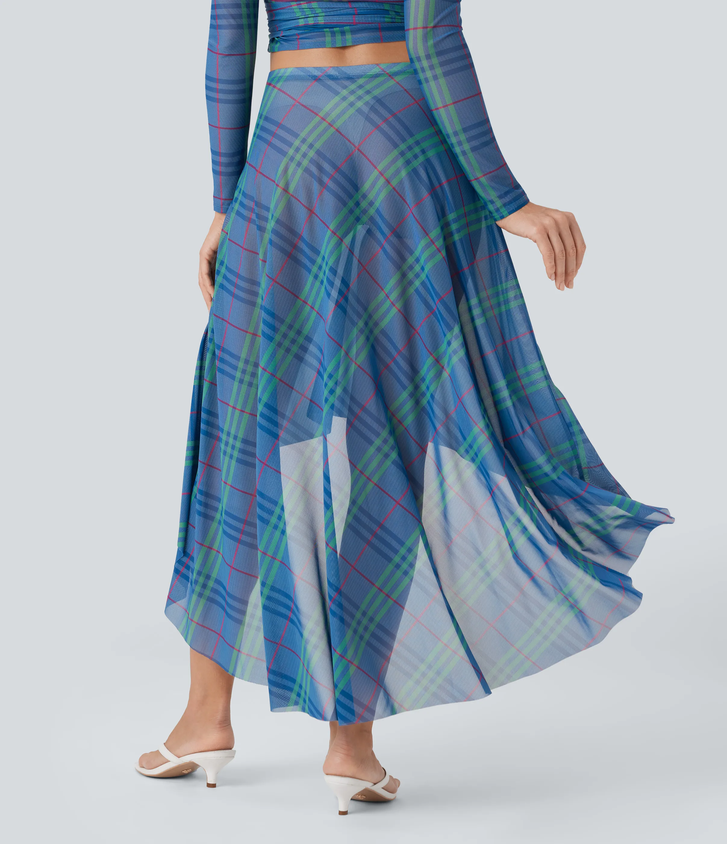 Halara Falda larga fluida con tiro alto de malla transparente con tiro alto y cuadros escoceses - Sky Blue Greengage Red Plaid - XS(regular) sold by Halara product image thumbnail 3