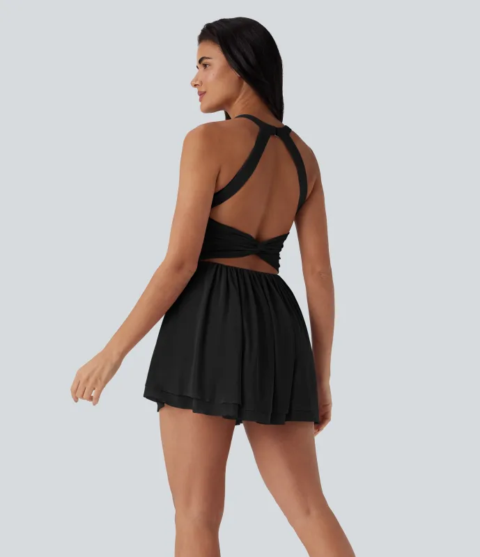 Halara Minivestido de baile 2 en 1 con malla retorcida, espalda abierta y bolsillo lateral - Black - XL made by Halara