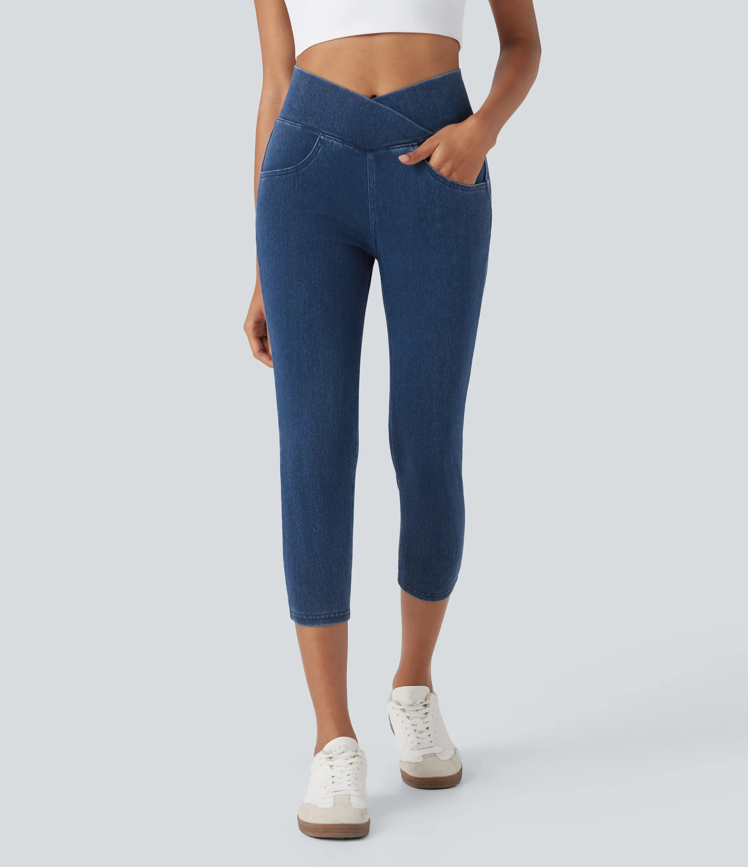 Halara Leggings capri Halara Flex™ Denim mezclilla punto elástico tiro alto bolsillo - Washed Denim Bleached Blue - XS(regular) sold by Halara product image thumbnail 4