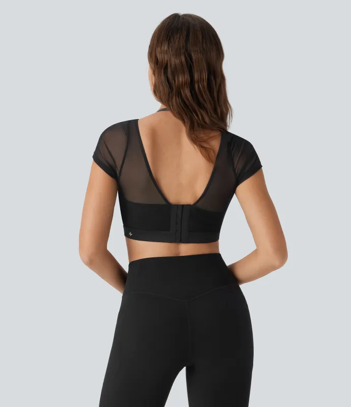 Halara Top deportivo de yoga 2 en 1 de malla en contraste con cuello halter y espalda descubierta - Black - L made by Halara