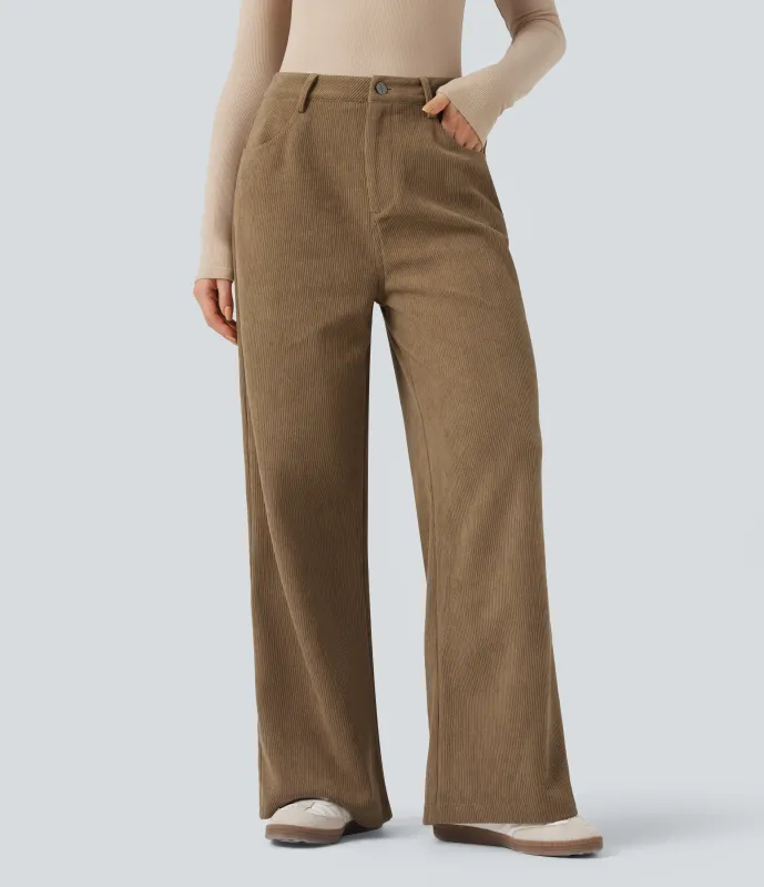 Halara Pantalones holgados casuales de pana de tiro alto con bolsillos - Ermine - M(regular) made by Halara