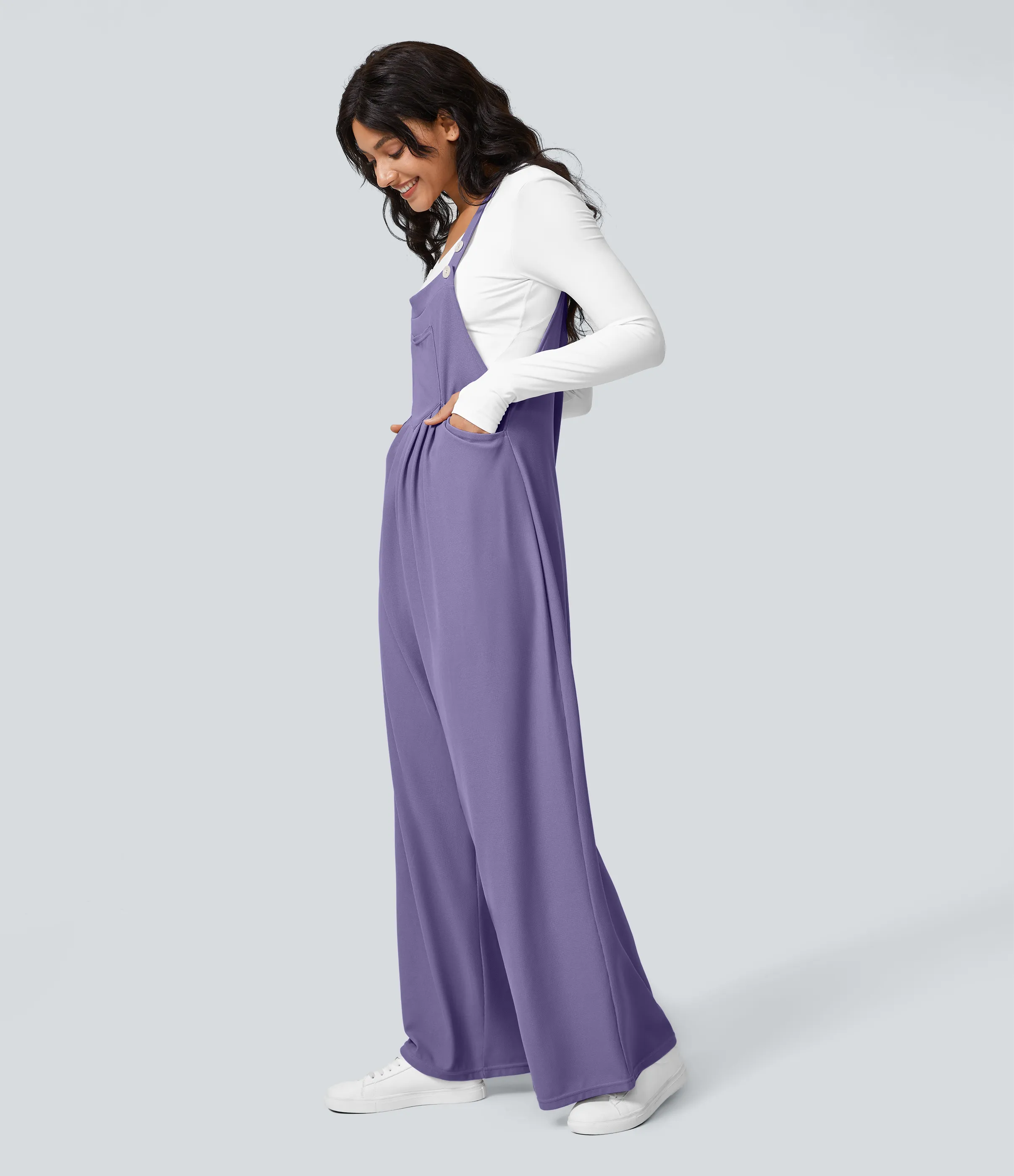 Halara Overol botón correa ajustable bolsillo múltiple gofre plisado - Mellow Purple - M(regular) sold by Halara product image thumbnail 5