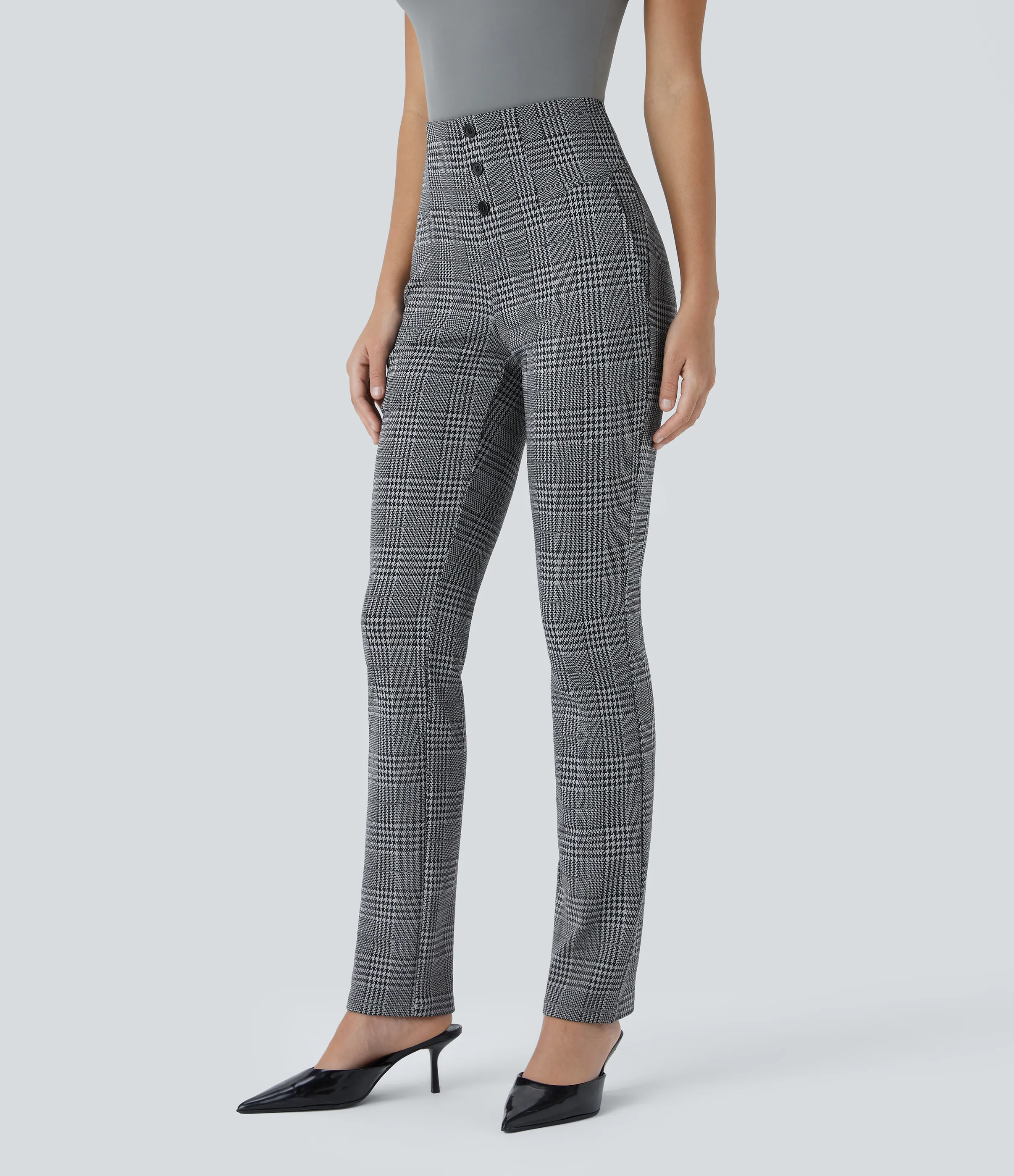 Halara Pantalón Halara Flex™ oficina ajustado pata gallo bolsillo lateral botón decorativo tiro alto - Dark Gray Plaid - XS(tall) sold by Halara product image thumbnail 4