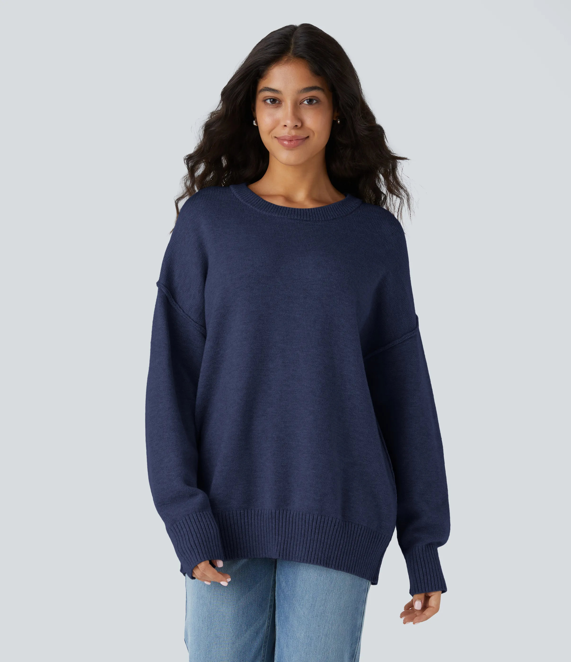 Halara Suéter manga larga hombro caído cuello redondo - Dark Blue - XL sold by Halara