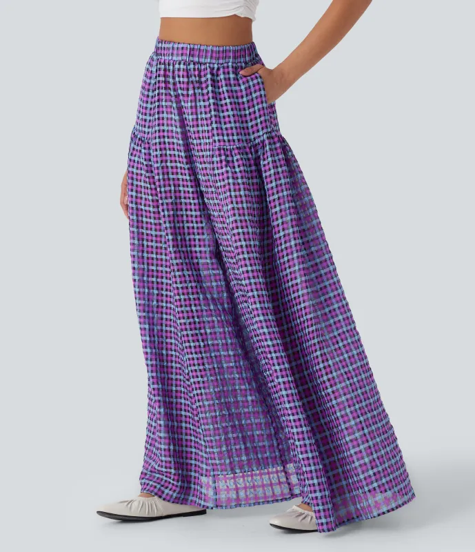 Halara Pantalón cuadro holgado pierna ancha bolsillo lateral tiro alto - Blue Purple Gradient Plaid - L(regular) made by Halara