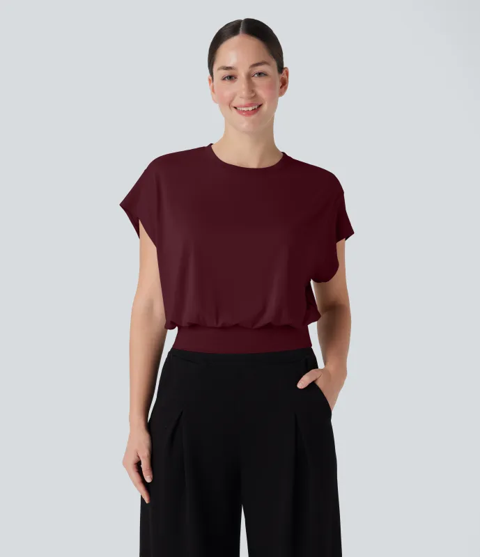 Halara Camiseta de oficina de manga corta de murciélago con cuello redondo - Zinfandel - M made by Halara