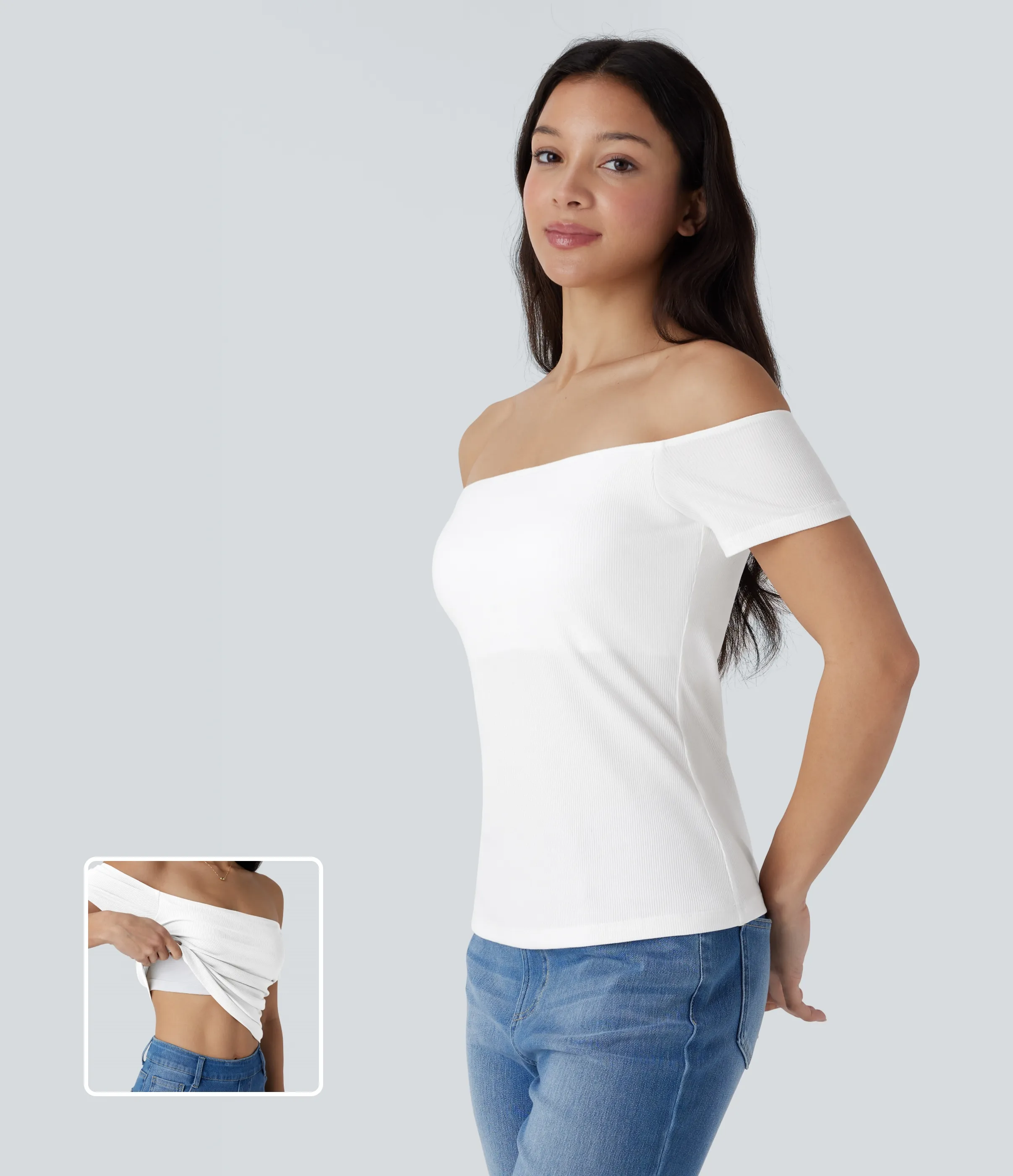Halara Top informal 2 en 1 de punto acanalado con hombros descubiertos de manga corta y espalda descubierta - White - S sold by Halara