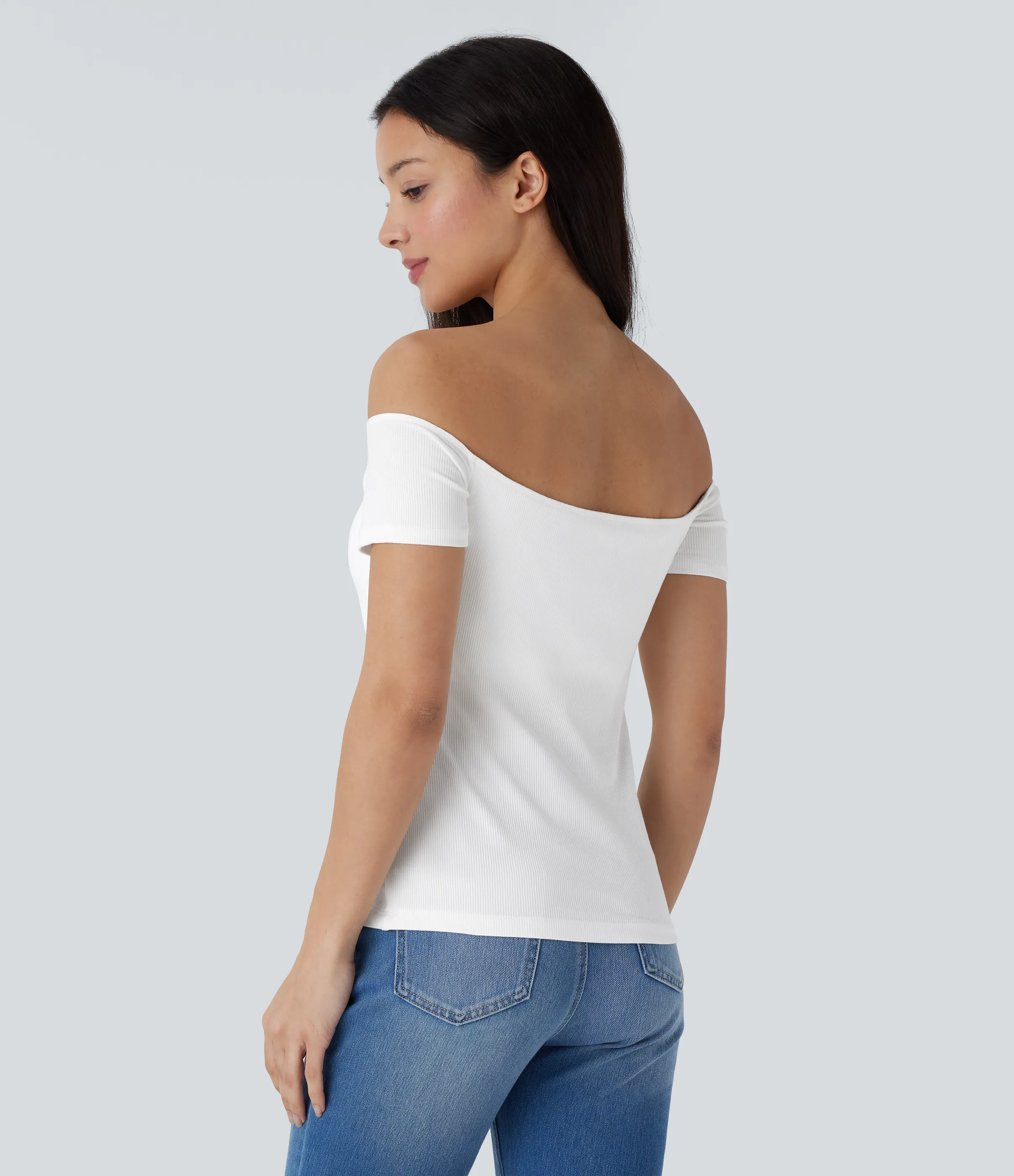 Halara Top informal 2 en 1 de punto acanalado con hombros descubiertos de manga corta y espalda descubierta - White - S sold by Halara product image thumbnail 3