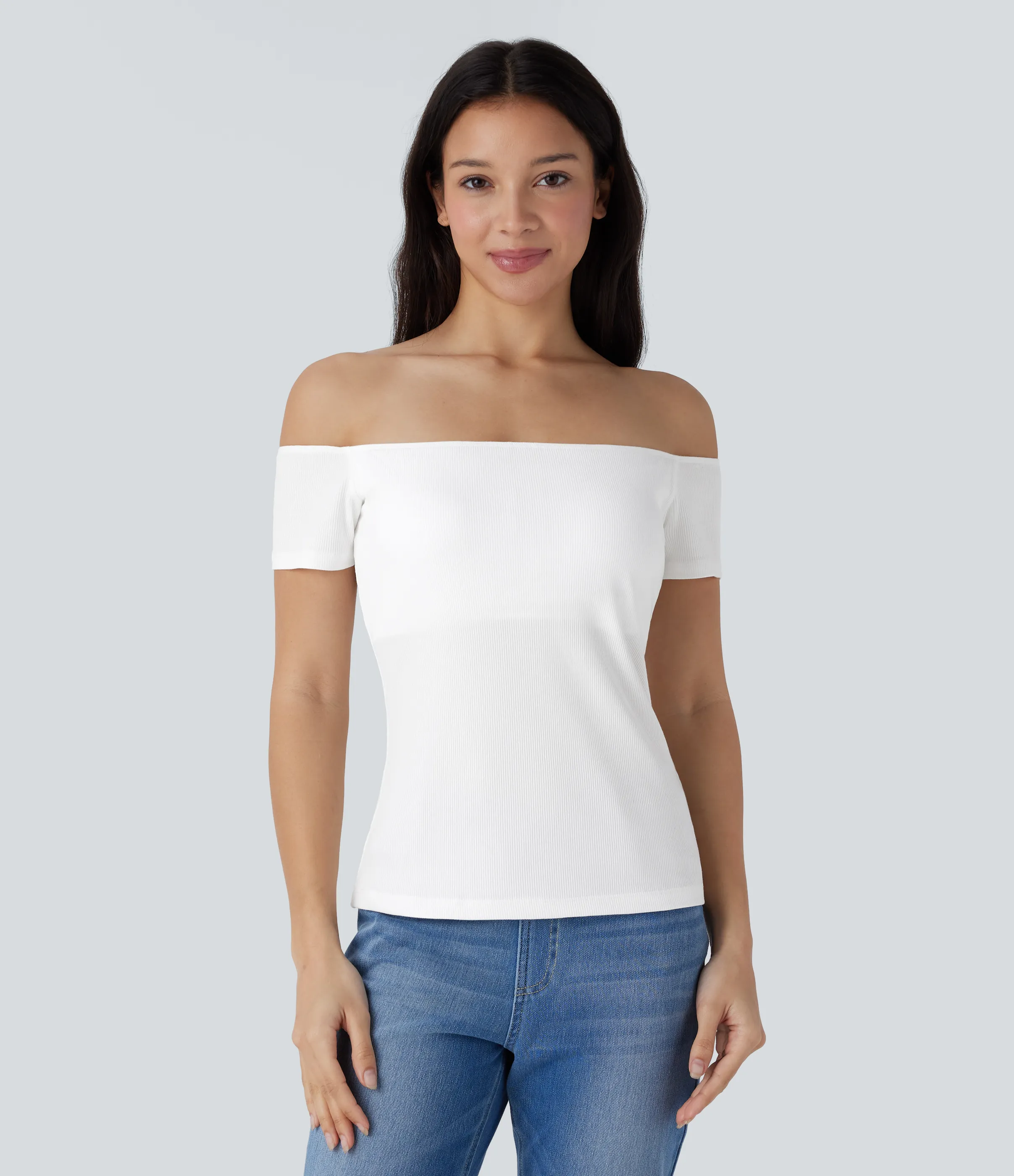 Halara Top informal 2 en 1 de punto acanalado con hombros descubiertos de manga corta y espalda descubierta - White - S sold by Halara product image thumbnail 4