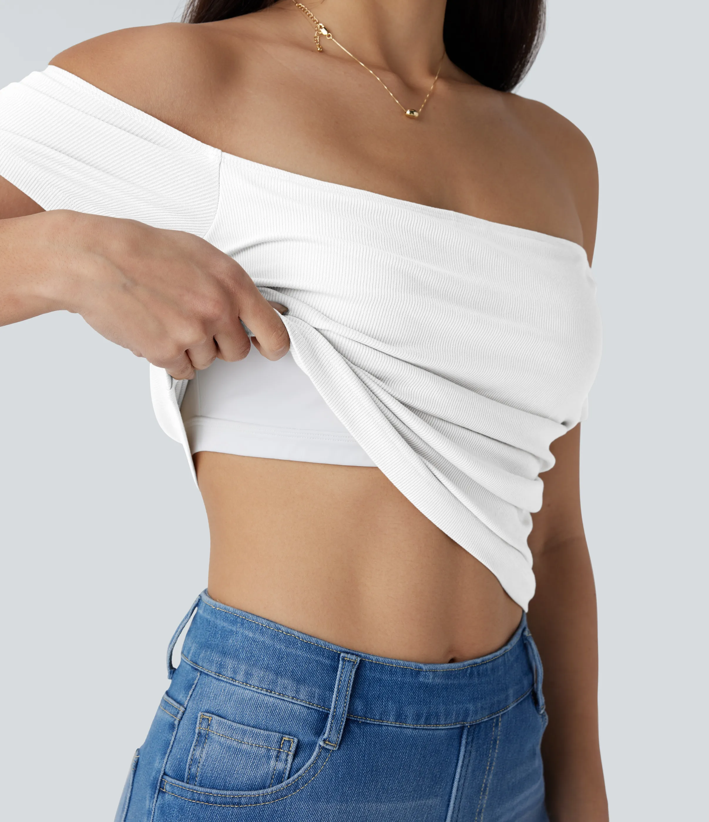 Halara Top informal 2 en 1 de punto acanalado con hombros descubiertos de manga corta y espalda descubierta - White - S sold by Halara product image thumbnail 5