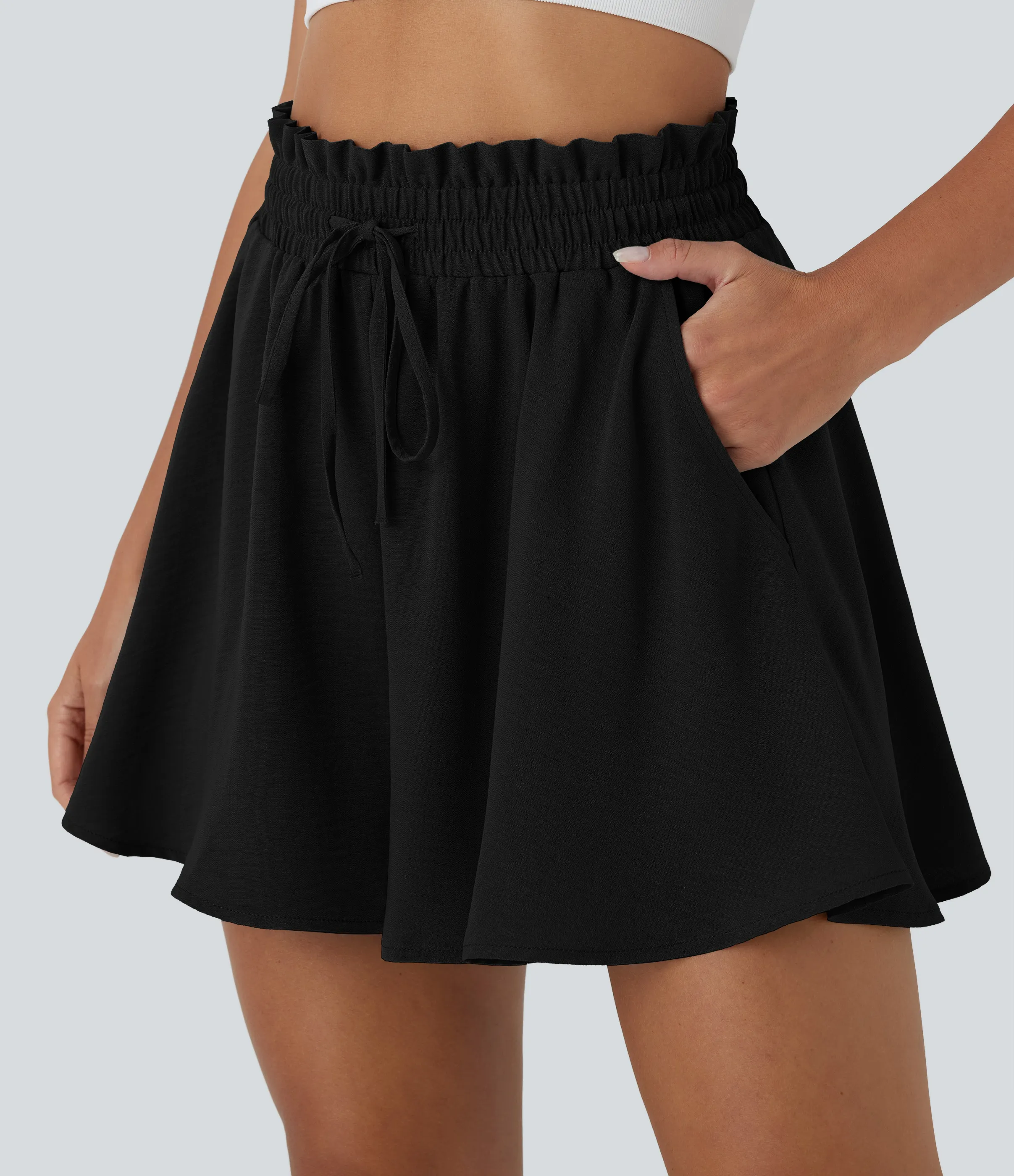 Halara Pantalón corto lino tiro alto bolsillo lateral cordón ajustable pierna ancha - Black - L sold by Halara product image thumbnail 5