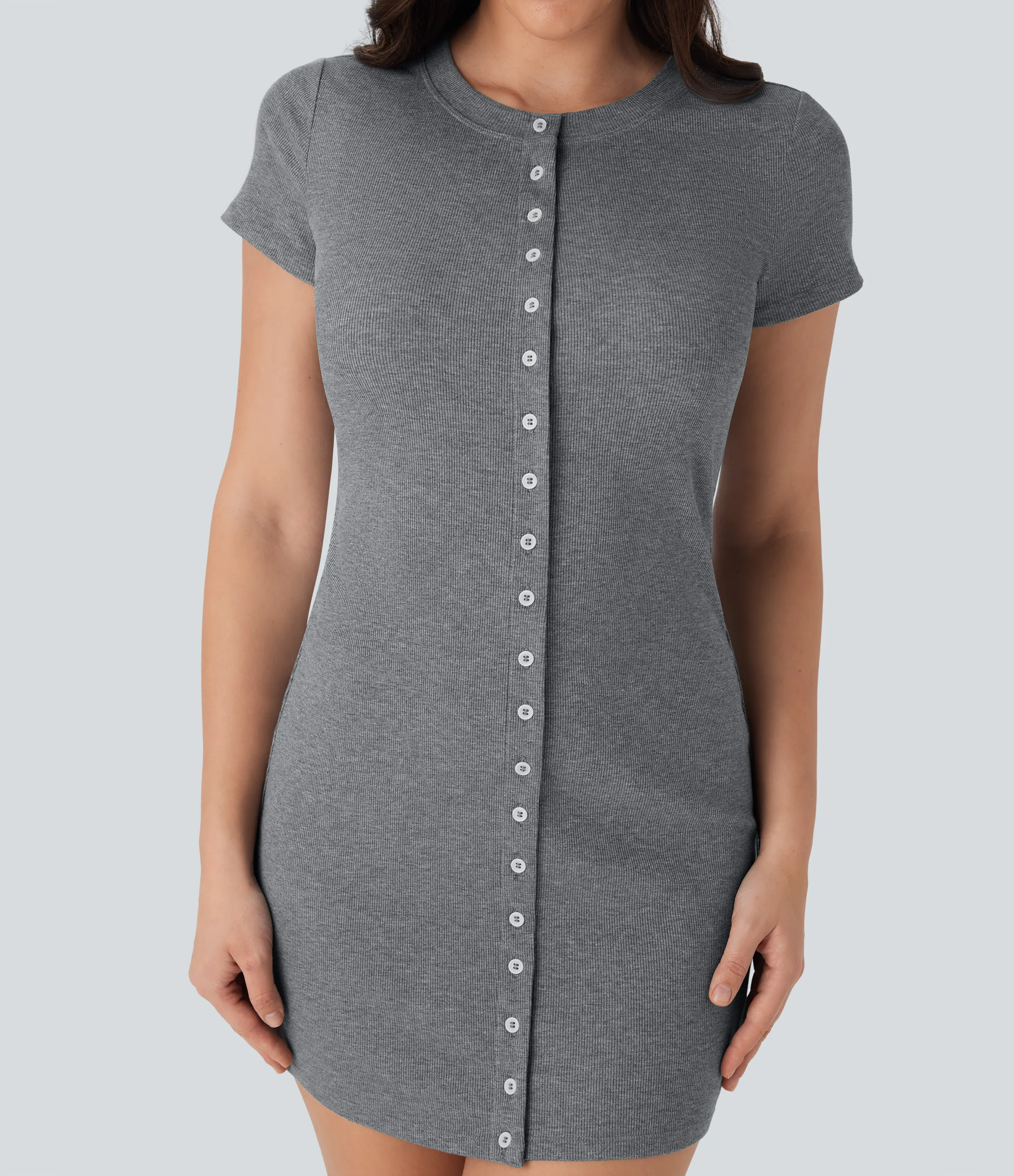 Halara Vestido mini casual de punto acanalado con cuello redondo y botones - Ash Grey - XS sold by Halara product image thumbnail 5