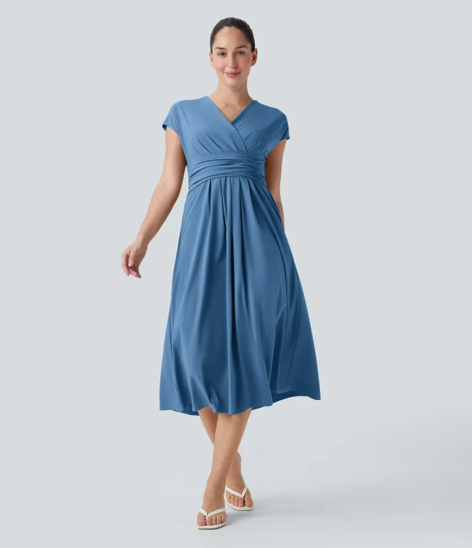 Halara Vestido casual midi Breezeful™ de secado rápido con cuello en V, manga corta, bolsillo lateral y lazo en la espalda - Pacific Coast - XL made by Halara