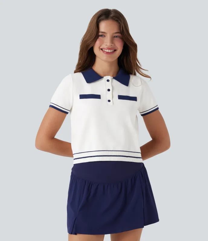 Halara Suéter casual de punto de manga corta con botones delanteros tipo polo - White - XL made by Halara